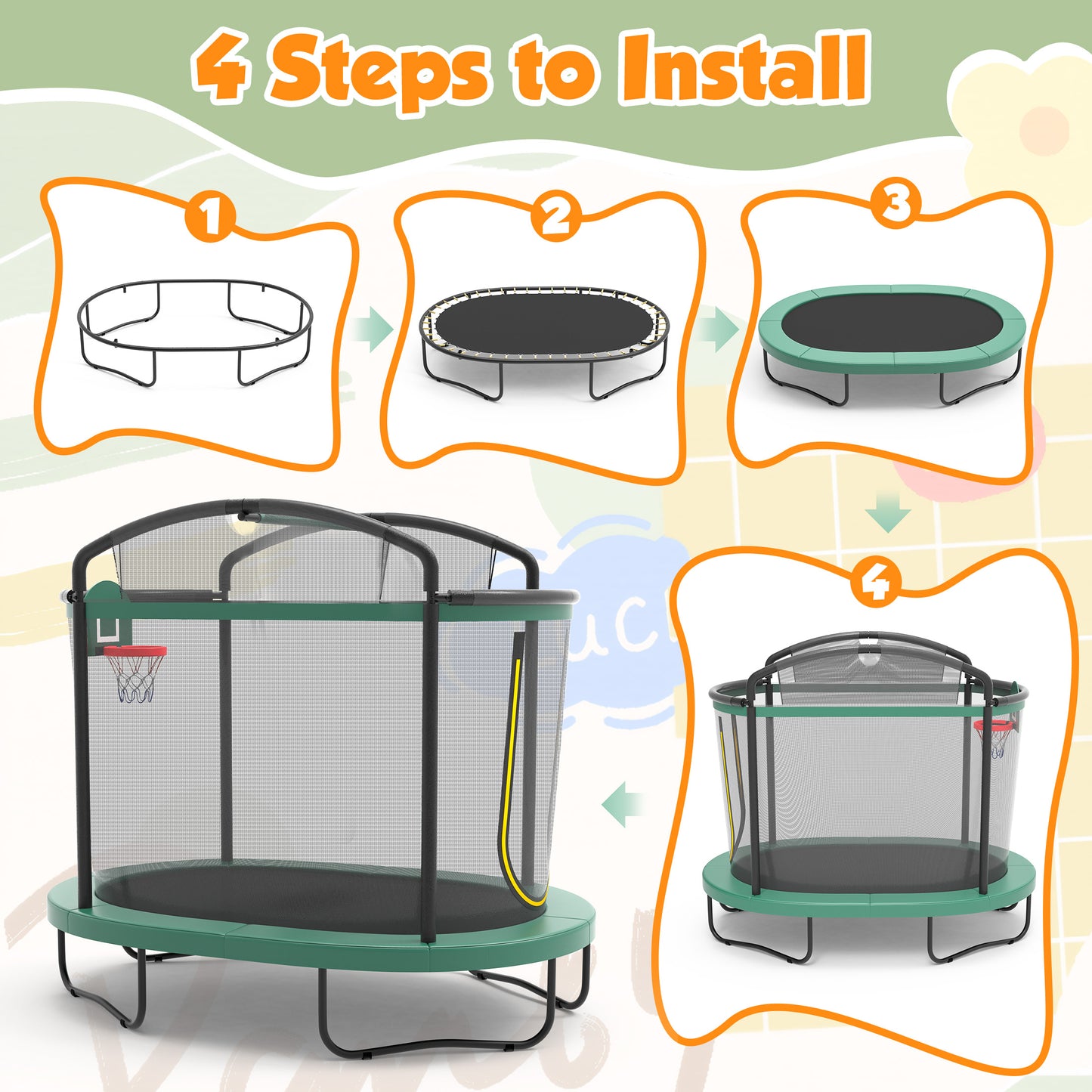4×6FT Toddler Trampoline for Kids 3+, SHINPT Kids Trampoline with 770lbs Weight Capacity, Mini Trampoline Indoor/Outdoor, Small Trampoline for Kids with Adjustable Gymnastics Bar and Basketball Hoop