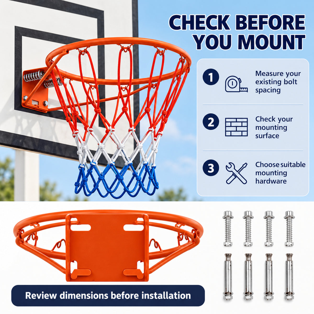 18" Steel Basketball Rim Replacement with Dual Springs, SHINPT Basketball Hoop Rim with Net and 12 Metal Hooks, Wall-Mount Rim for Indoor Outdoor