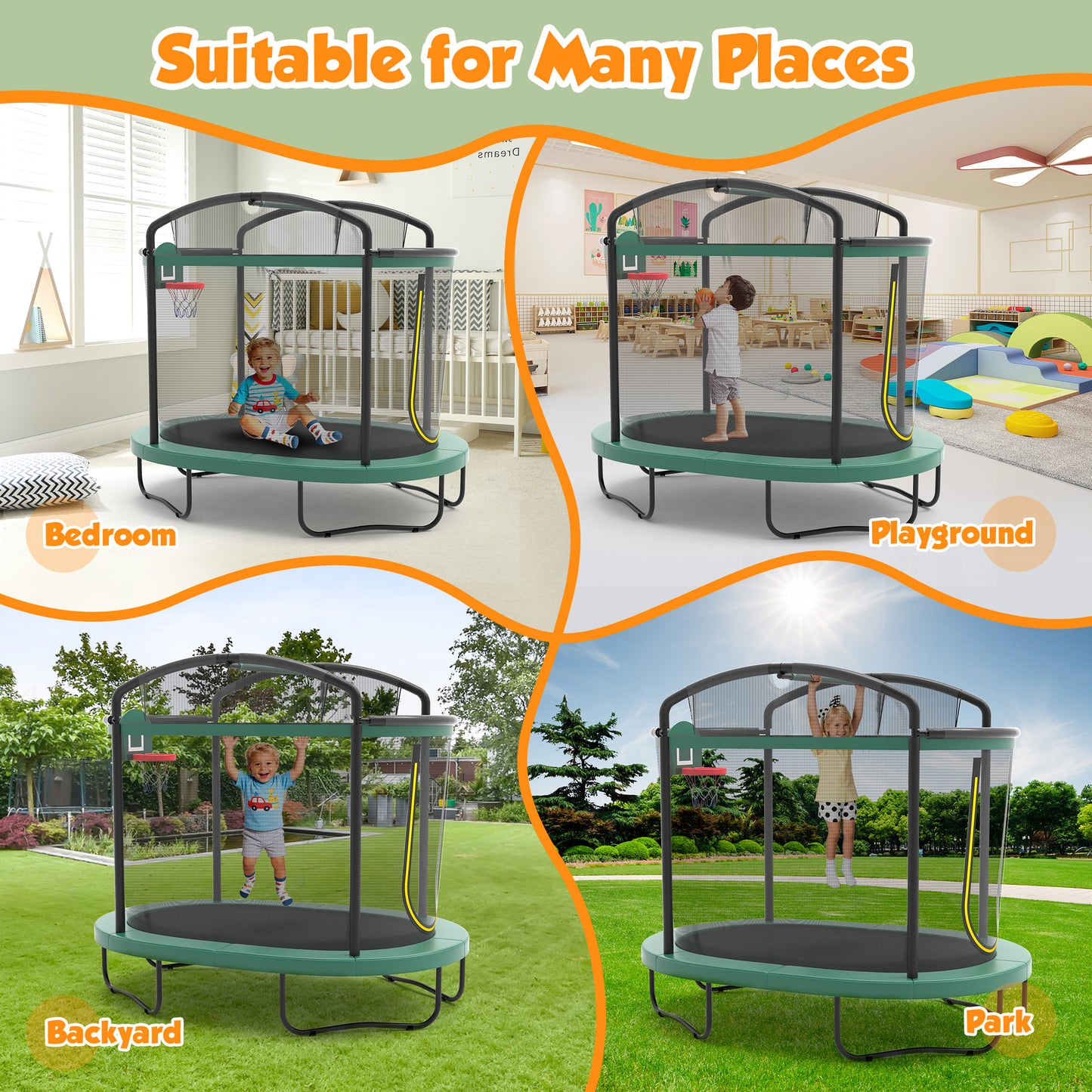 4×6FT Toddler Trampoline for Kids 3+, SHINPT Kids Trampoline with 770lbs Weight Capacity, Mini Trampoline Indoor/Outdoor, Small Trampoline for Kids with Adjustable Gymnastics Bar and Basketball Hoop