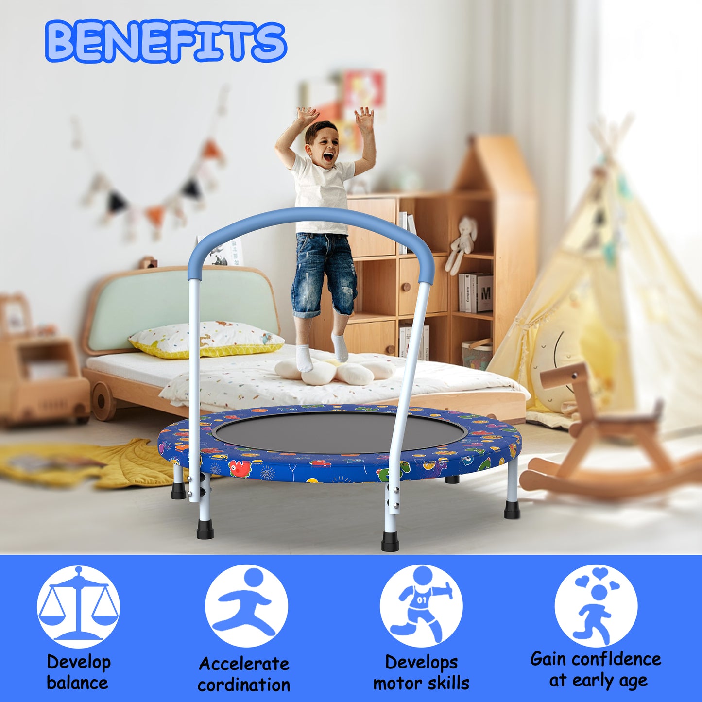 36" Mini Trampoline for Kids Ages 1-6, Toddler Trampoline with Foam Handle for Indoor & Outdoor, SHINPT Rebounder Kids Trampoline for Backyard, Patio, Garden, Safe & Fun Birthday Gift for Boys&Girls