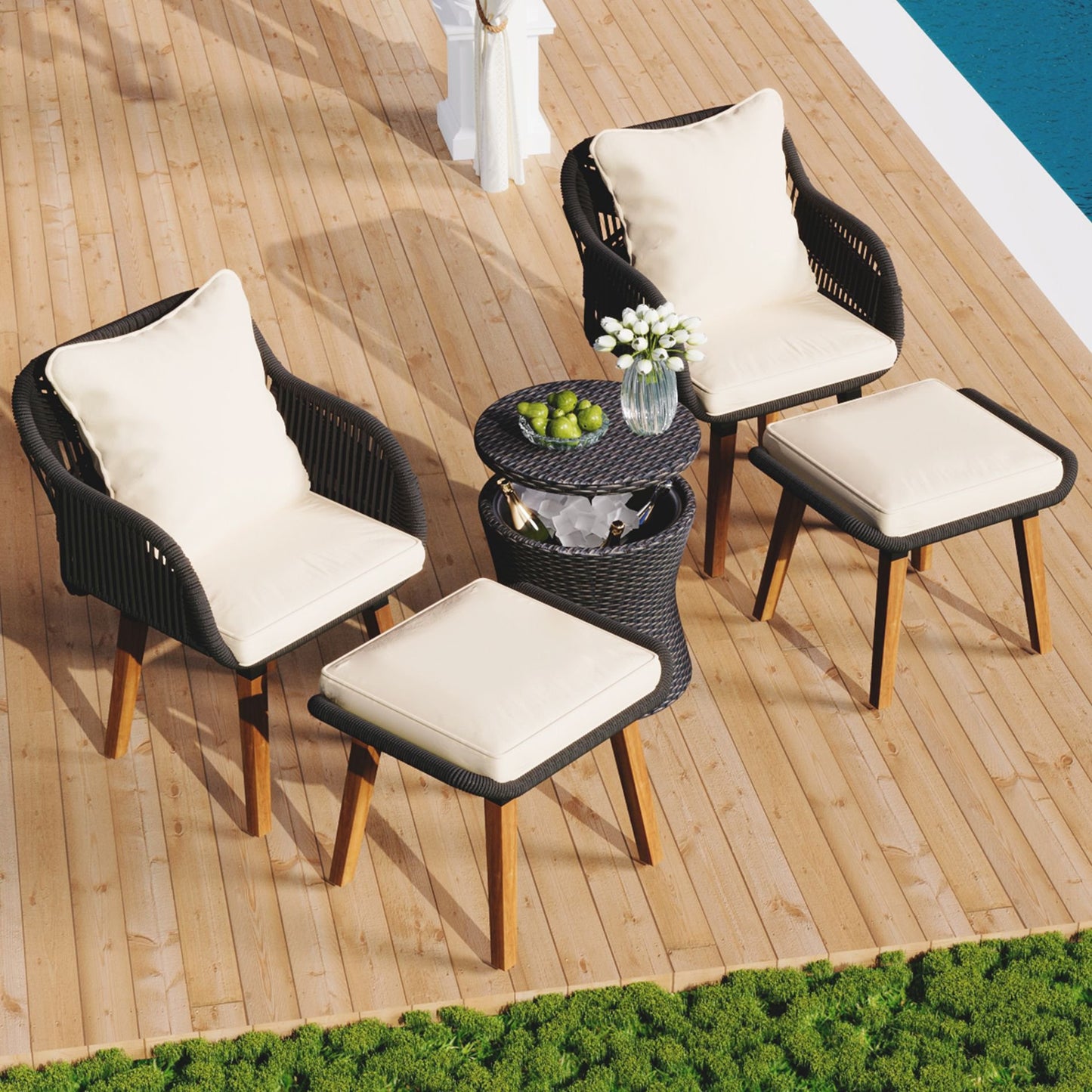 5 Piece BTMWAY Patio Furniture Chair Sets, Patio Conversation Set with 2 Ottomans and Wicker Cooler Bar Table, Outdoor Furniture Bistro Sets for Porch,Backyard
