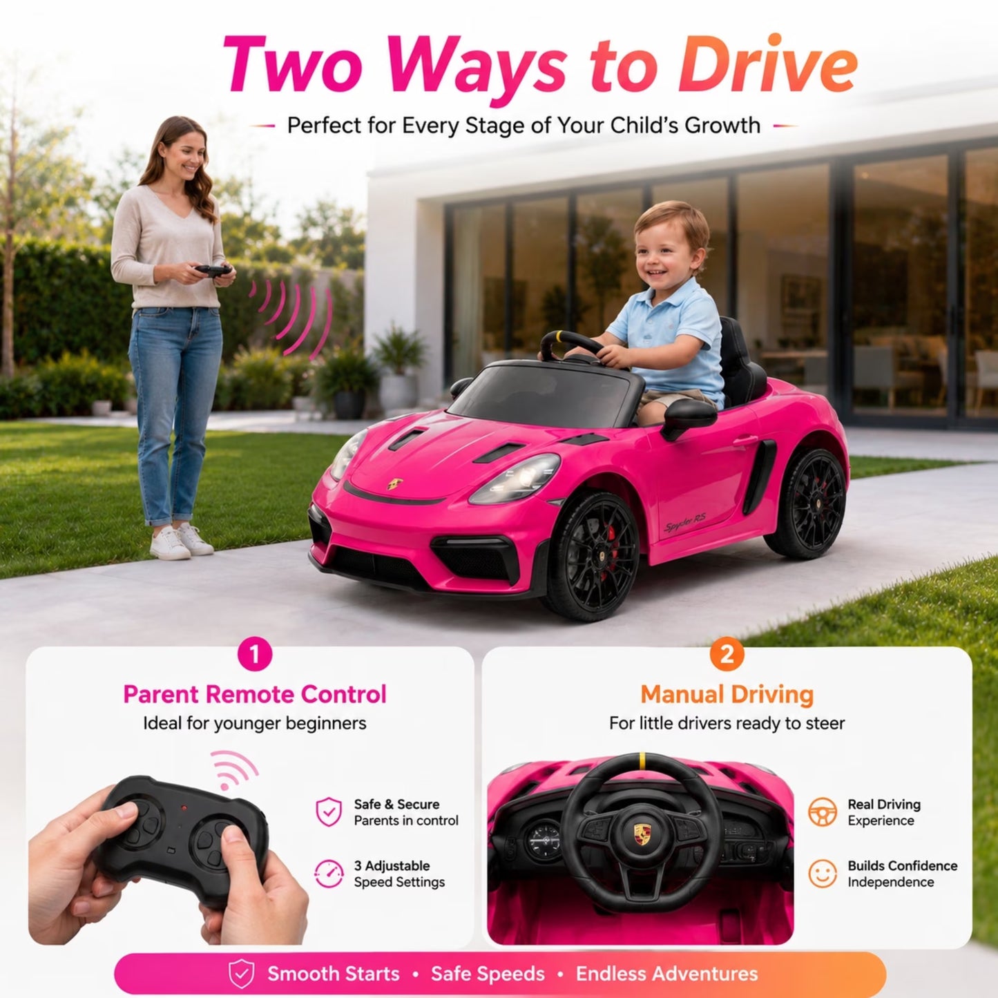 SHINPT Electric Ride On Car, Licensed Porsche Kids Electric Car with 2.4G Parent Remote Control & Bluetooth, 12V 2WD Toddler Ride On Toy 3 Speeds LED Lights Black for Kids Ages 3-5, Backyard Play