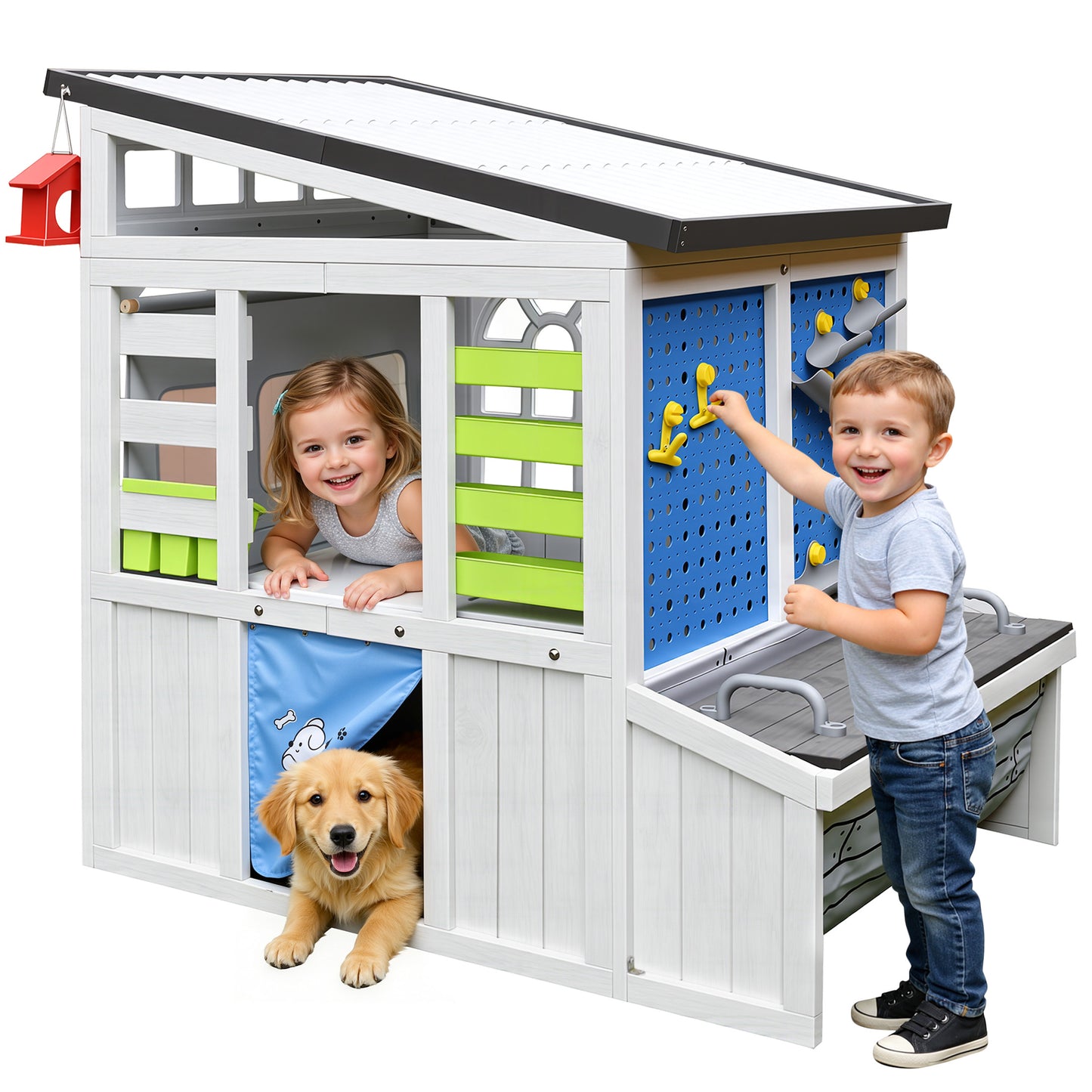 Outdoor Play House for Kids, SHINPT Kids Playhouse Outdoor with Simulation Tools, Wooden Play House for Toddlers 3+, Kids Playground for Backyard, Patio, Garden, Outdoor Playhouse for Birthday Gift