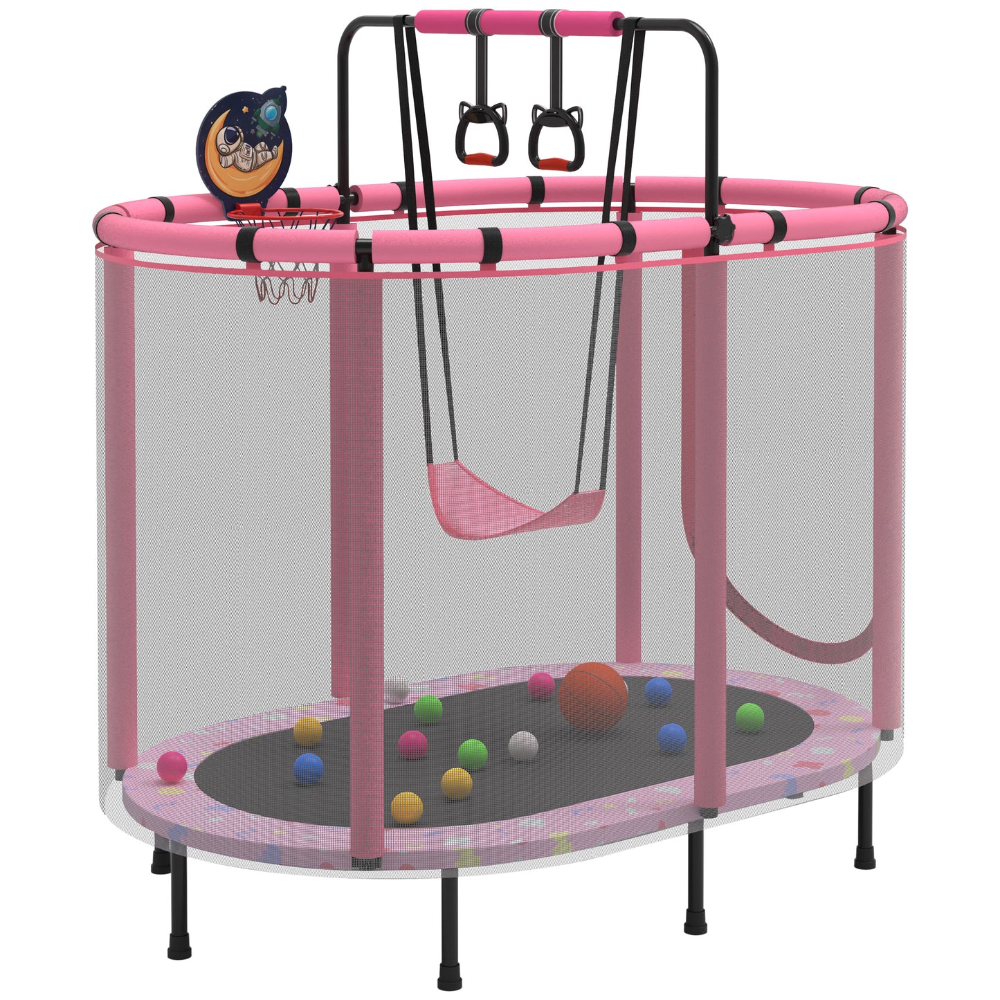 60" Trampoline for Kids Age3-12 with Basketball Hoop, SHINPT Recreational Trampolines with Safety Enclosure Net, Mini Outdoor Trampoline with Swing, Easy Assembly, Outdoor, Indoor