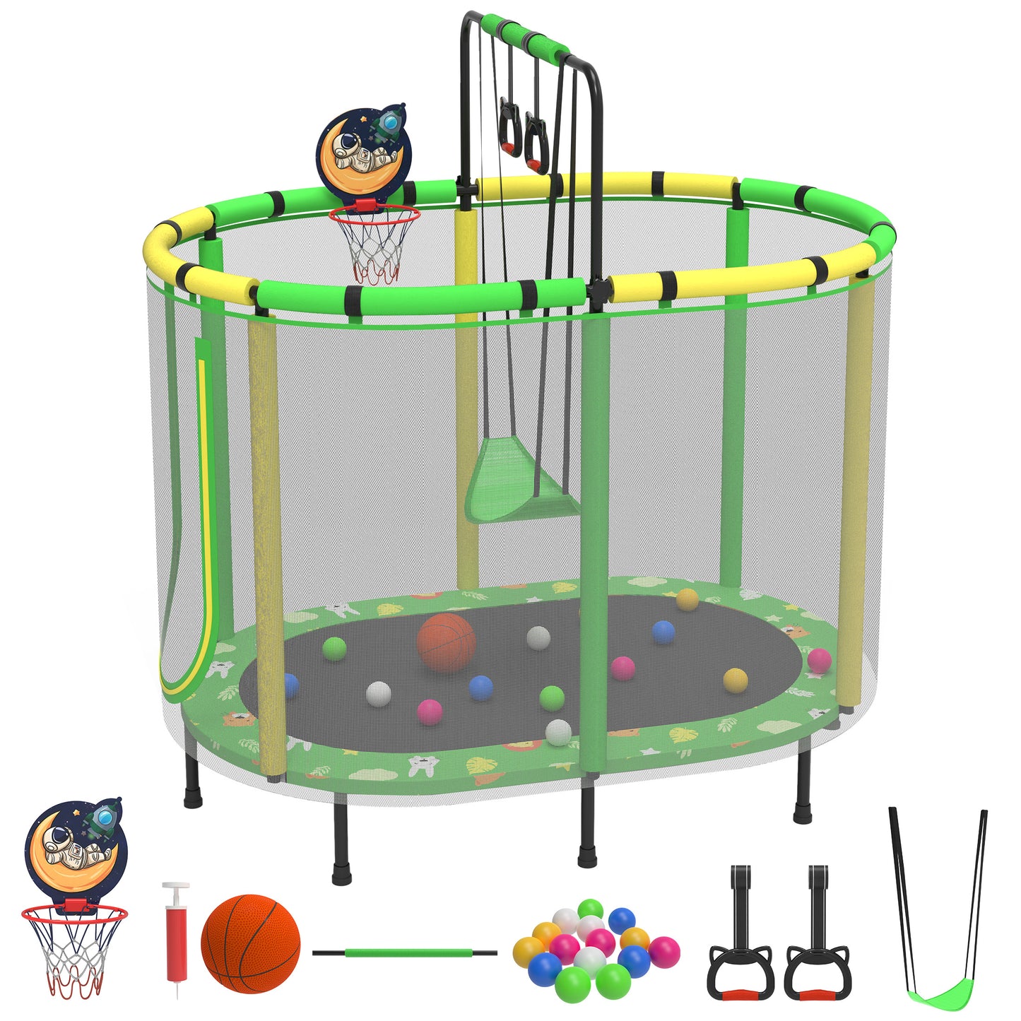 SHINPT 60" Toddler Trampoline Indoor, Mini Trampoline for Kids, Small Trampoline with Basketball Hoop and Swing,Baby Trampoline with Net, Kid Trampoline with Adjustable Gymnastics Bar