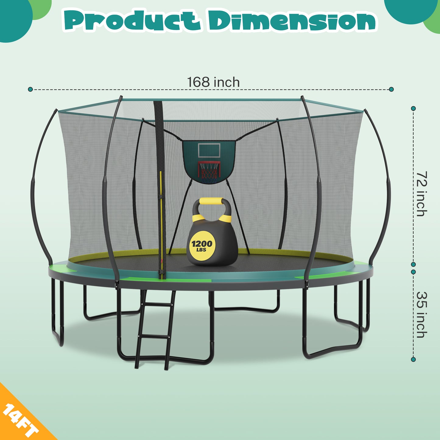 BTMWAY 14ft Trampoline Outdoor, big trampoline with 360° Safety Net, Heavy Duty Trampoline for Kids and Adults, Kids Trampoline with 6 Curved Poles, Play Ground Outdoor, In Ground Trampoline