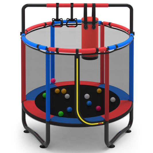 55" Toddler Trampoline, Activity Center with Gym Bar, Punching Bag, Rings, Ball Pit, Kids Trampoline, Indoor Toddler Play Gym, Mini Trampoline for Ages 3–6, 110lbs Weight Capacity
