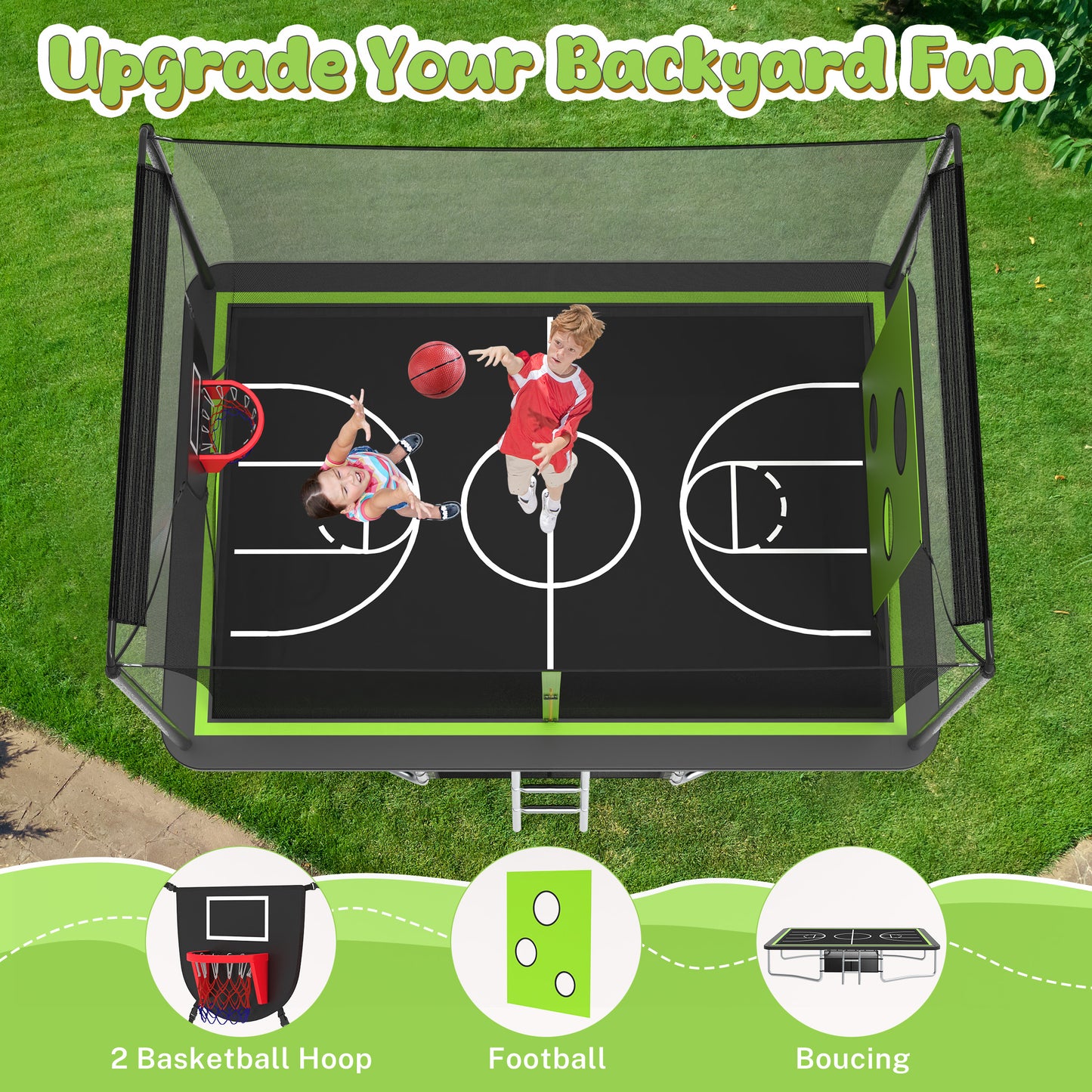 SHINPT 8 ×12 ft Rectangle Trampoline for Kids and Adult, Rectangular trampoline with 2 Basketball Hoops, Outdoor Big Trampoline with 360 Degree Safety Net, Square Trampoline with 4 W-Legs