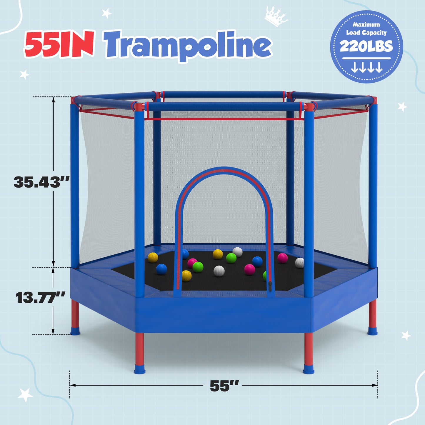 55" Toddler Trampoline with Enclosure Net & Ocean Balls, SHINPT Kids Trampoline for Toddlers Ages 3+, Indoor Trampoline with No Gap Design, Small Trampoline for Kids Room, Living Room, Ideal Gift