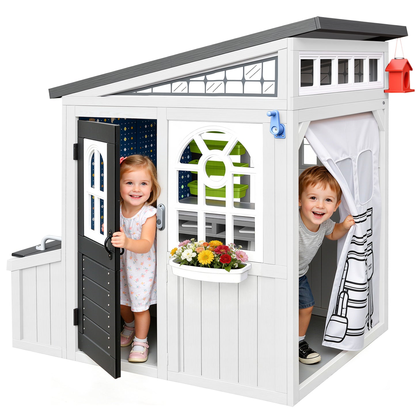 Outdoor Play House for Kids, SHINPT Kids Playhouse Outdoor with Simulation Tools, Wooden Play House for Toddlers 3+, Kids Playground for Backyard, Patio, Garden, Outdoor Playhouse for Birthday Gift