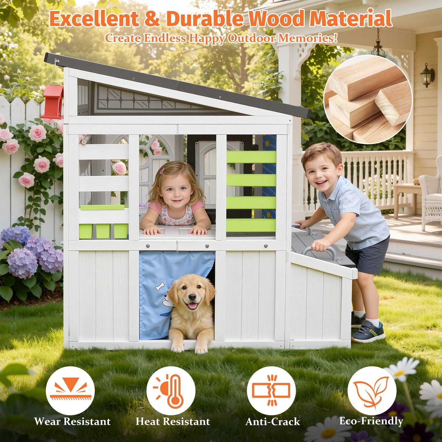 Outdoor Play House for Kids, SHINPT Kids Playhouse Outdoor with Simulation Tools, Wooden Play House for Toddlers 3+, Kids Playground for Backyard, Patio, Garden, Outdoor Playhouse for Birthday Gift