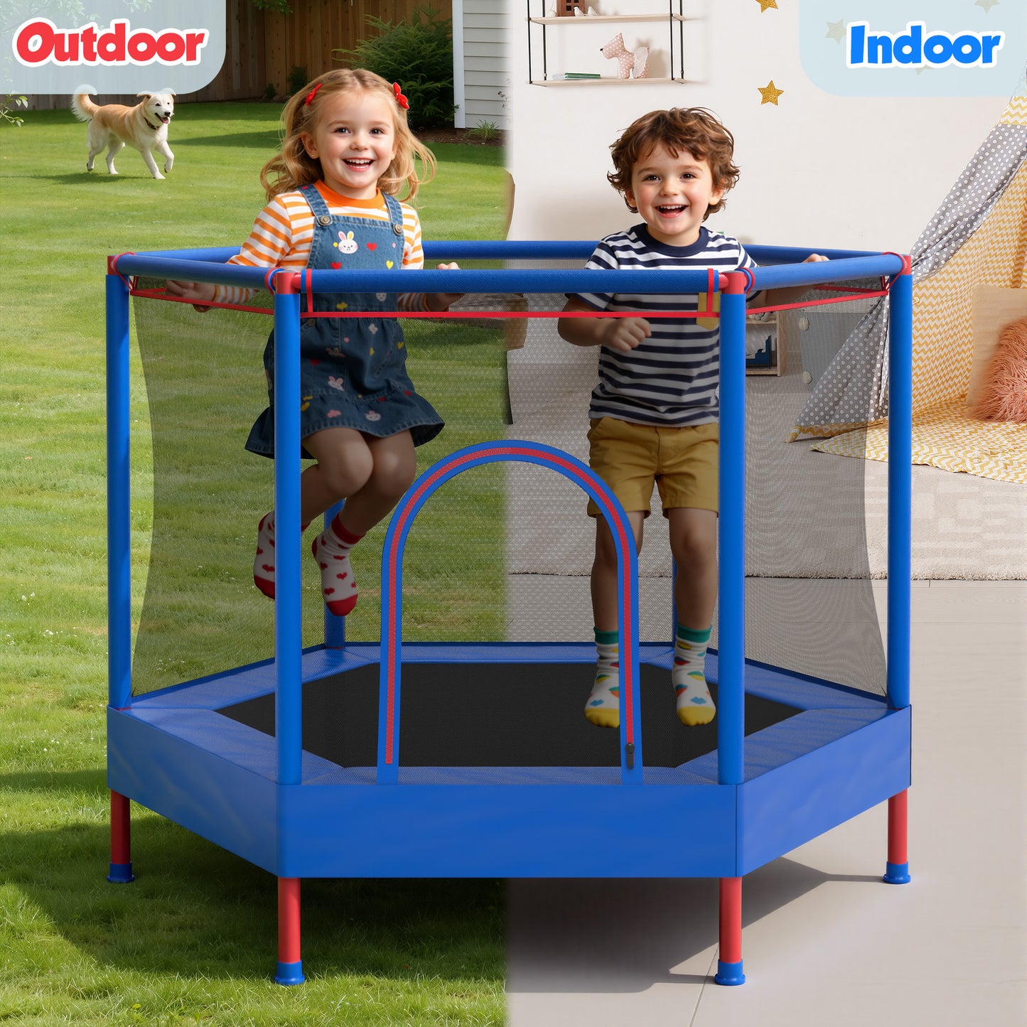 55" Toddler Trampoline with Enclosure Net & Ocean Balls, SHINPT Kids Trampoline for Toddlers Ages 3+, Indoor Trampoline with No Gap Design, Small Trampoline for Kids Room, Living Room, Ideal Gift