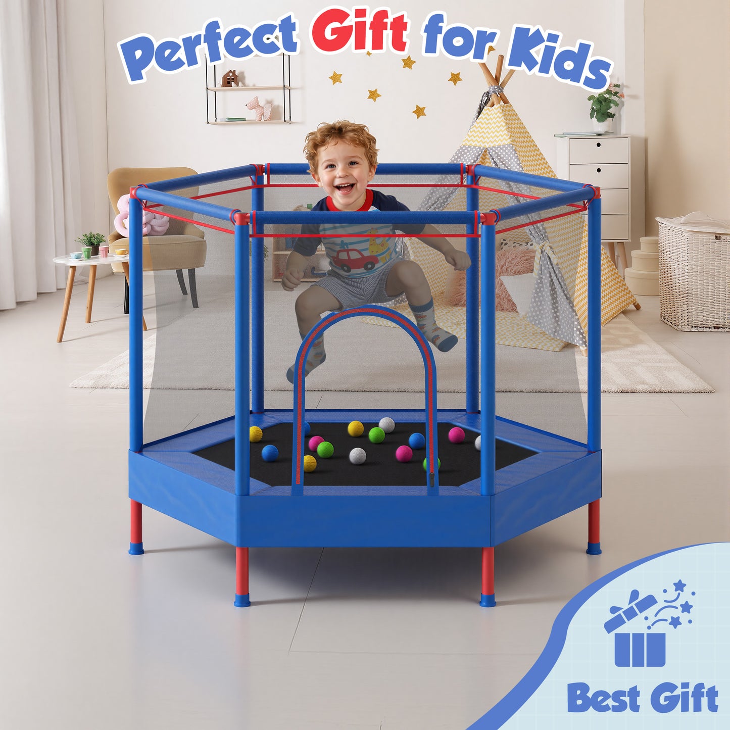 55" Toddler Trampoline with Enclosure Net & Ocean Balls, SHINPT Kids Trampoline for Toddlers Ages 3+, Indoor Trampoline with No Gap Design, Small Trampoline for Kids Room, Living Room, Ideal Gift