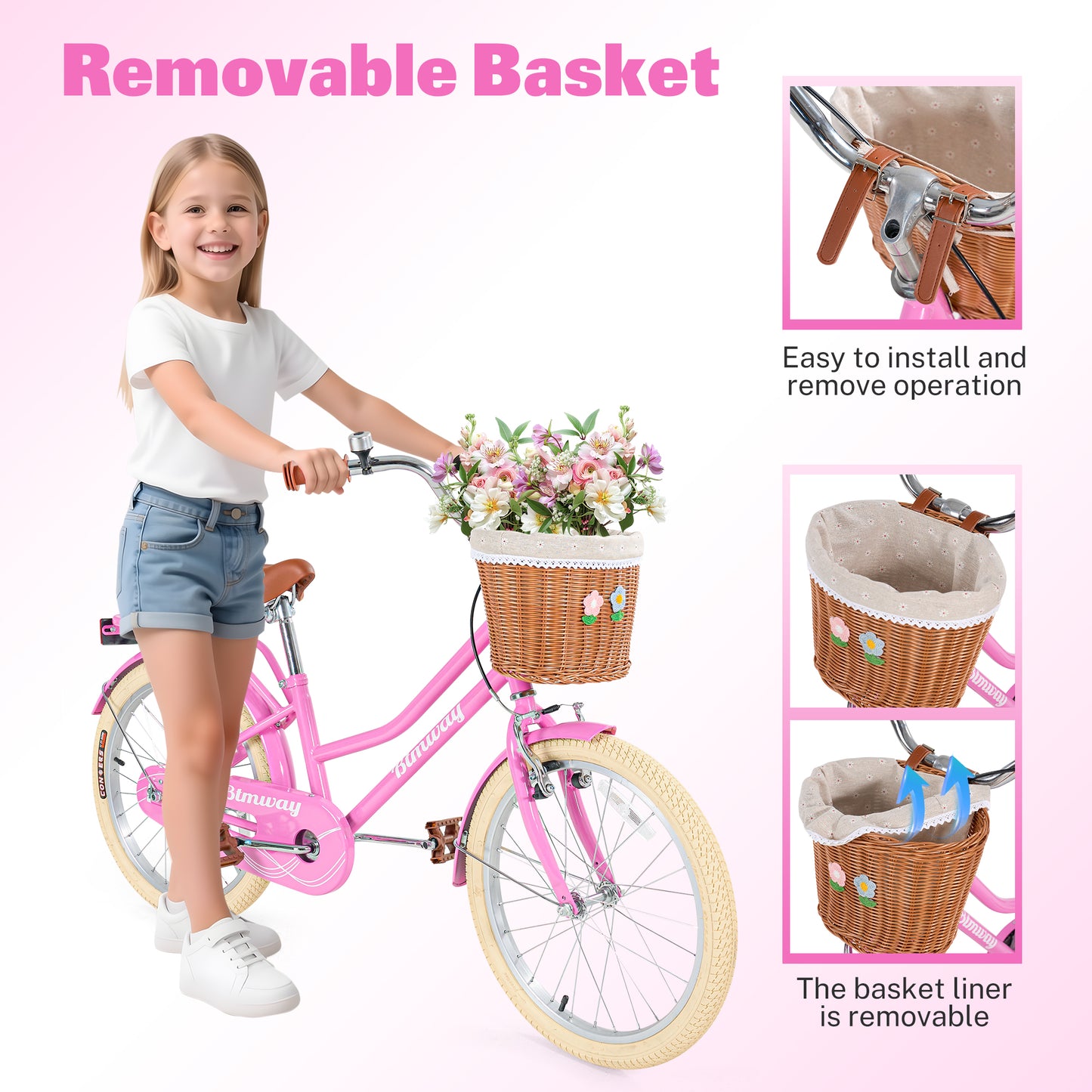 20in Kids Bike for Girls and Boys, SHINPT Girls Bike with Basket, 20 inch Bike for Kids 7+, Kids Bicycle with Single Speed, Bicycle for Kids with Rear Seat for Birthday Gift, Blue or Pink