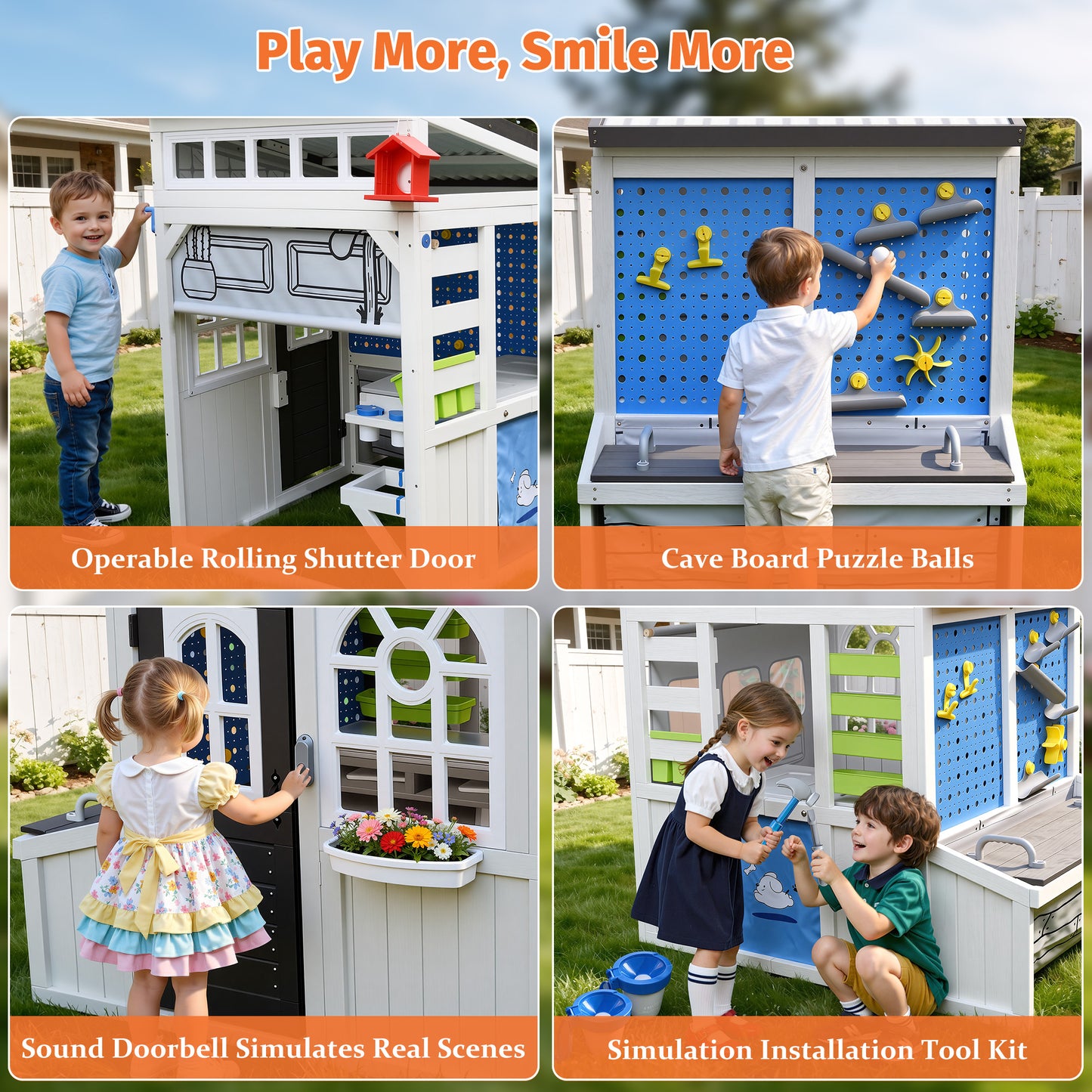 Outdoor Play House for Kids, SHINPT Kids Playhouse Outdoor with Simulation Tools, Wooden Play House for Toddlers 3+, Kids Playground for Backyard, Patio, Garden, Outdoor Playhouse for Birthday Gift