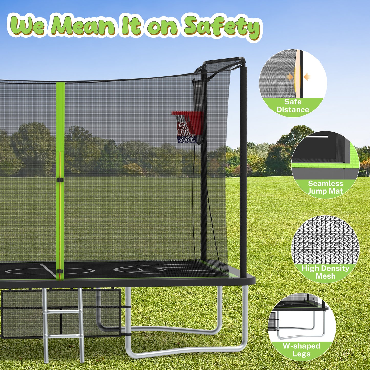 SHINPT 8 ×12 ft Rectangle Trampoline for Kids and Adult, Rectangular trampoline with 2 Basketball Hoops, Outdoor Big Trampoline with 360 Degree Safety Net, Square Trampoline with 4 W-Legs
