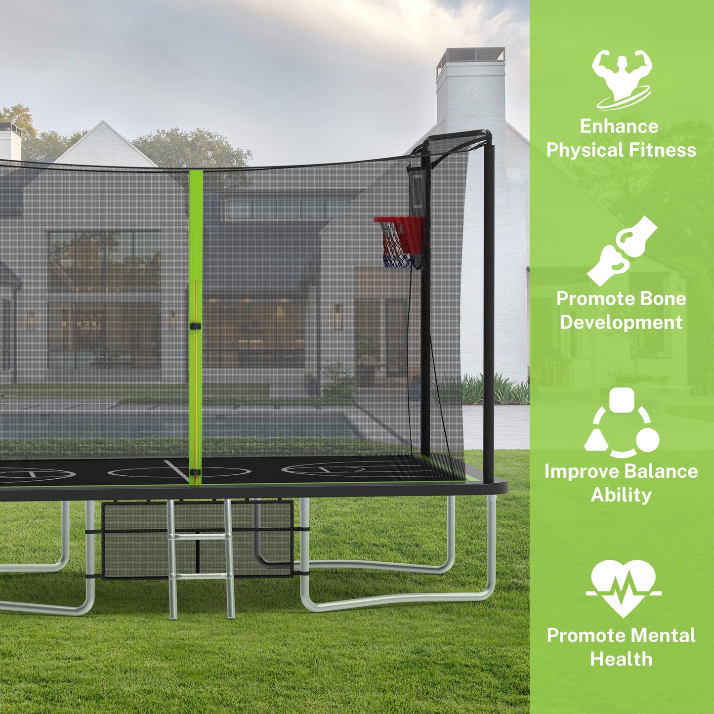 SHINPT 8 ×12 ft Rectangle Trampoline for Kids and Adult, Rectangular trampoline with 2 Basketball Hoops, Outdoor Big Trampoline with 360 Degree Safety Net, Square Trampoline with 4 W-Legs