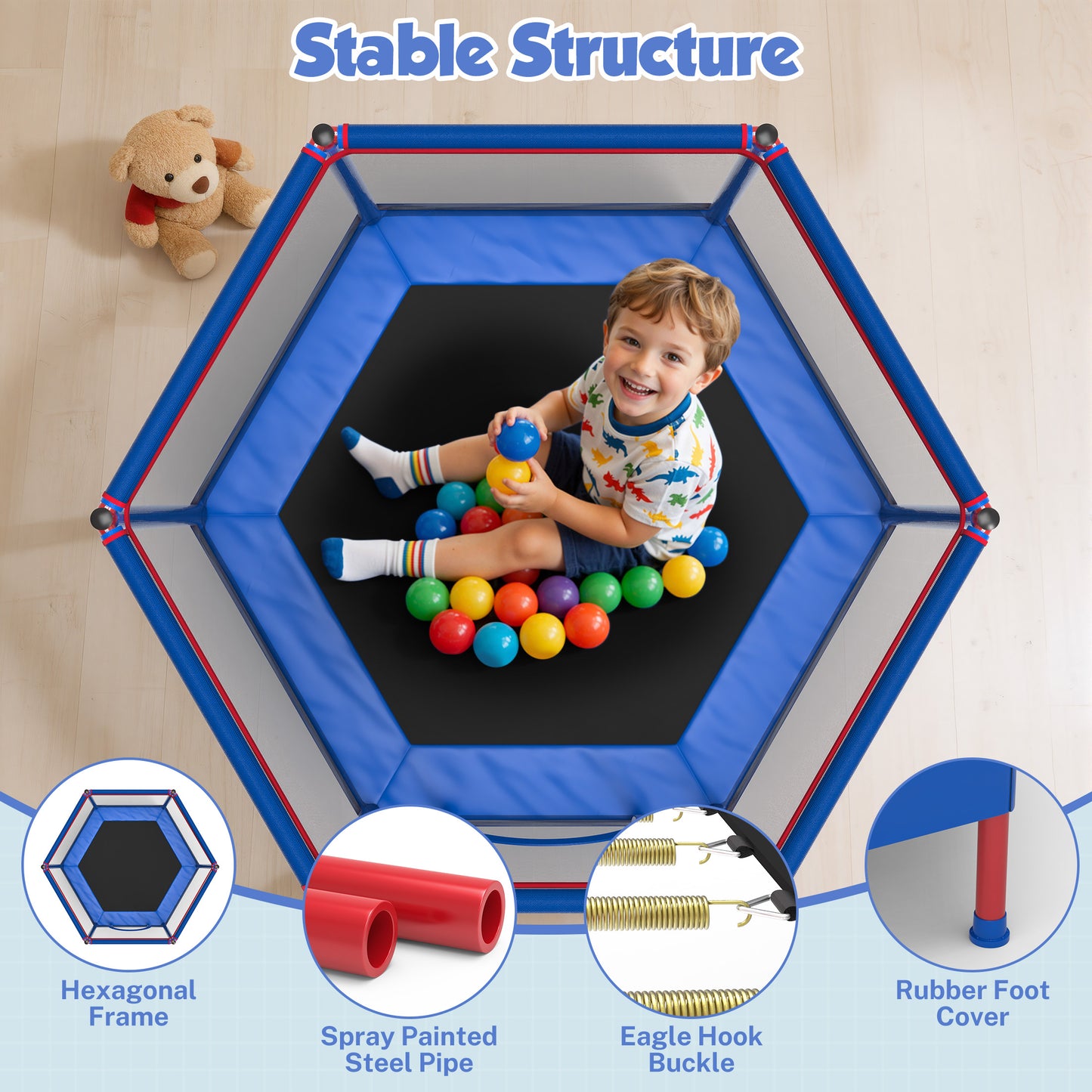 55" Toddler Trampoline with Enclosure Net & Ocean Balls, SHINPT Kids Trampoline for Toddlers Ages 3+, Indoor Trampoline with No Gap Design, Small Trampoline for Kids Room, Living Room, Ideal Gift