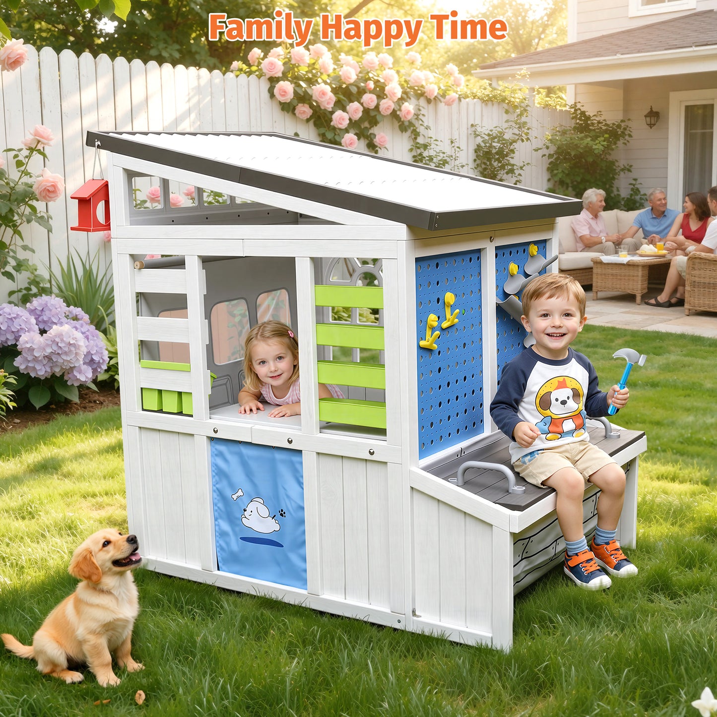 Outdoor Play House for Kids, SHINPT Kids Playhouse Outdoor with Simulation Tools, Wooden Play House for Toddlers 3+, Kids Playground for Backyard, Patio, Garden, Outdoor Playhouse for Birthday Gift