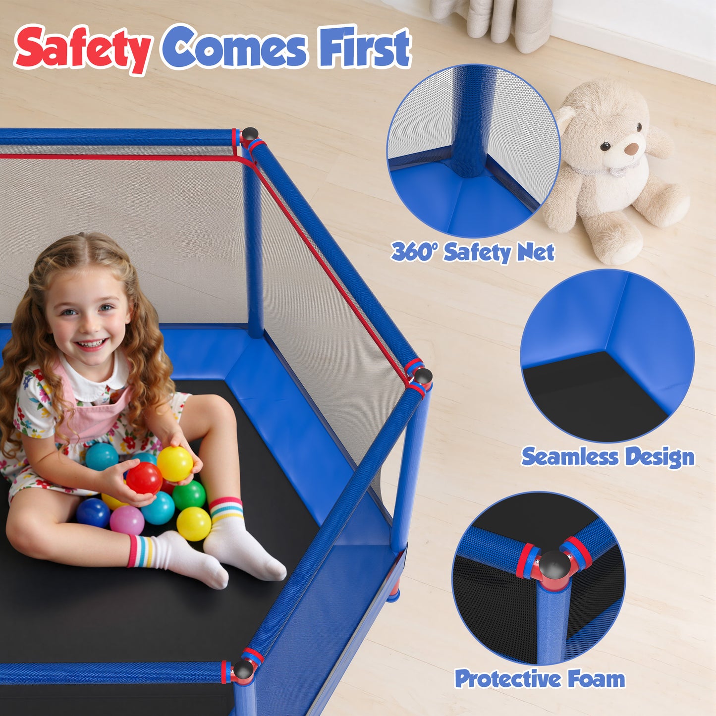 55" Toddler Trampoline with Enclosure Net & Ocean Balls, SHINPT Kids Trampoline for Toddlers Ages 3+, Indoor Trampoline with No Gap Design, Small Trampoline for Kids Room, Living Room, Ideal Gift