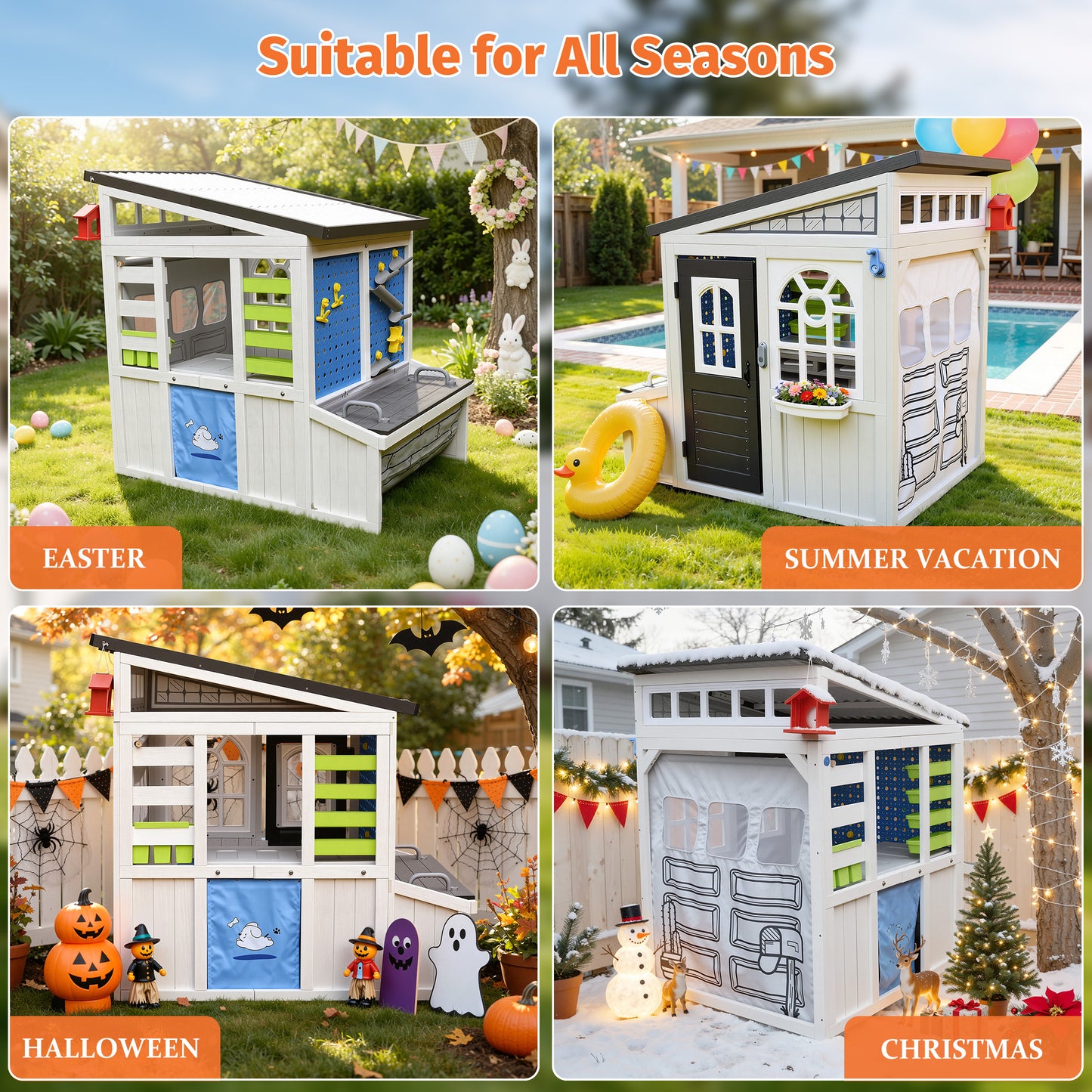 Outdoor Play House for Kids, SHINPT Kids Playhouse Outdoor with Simulation Tools, Wooden Play House for Toddlers 3+, Kids Playground for Backyard, Patio, Garden, Outdoor Playhouse for Birthday Gift