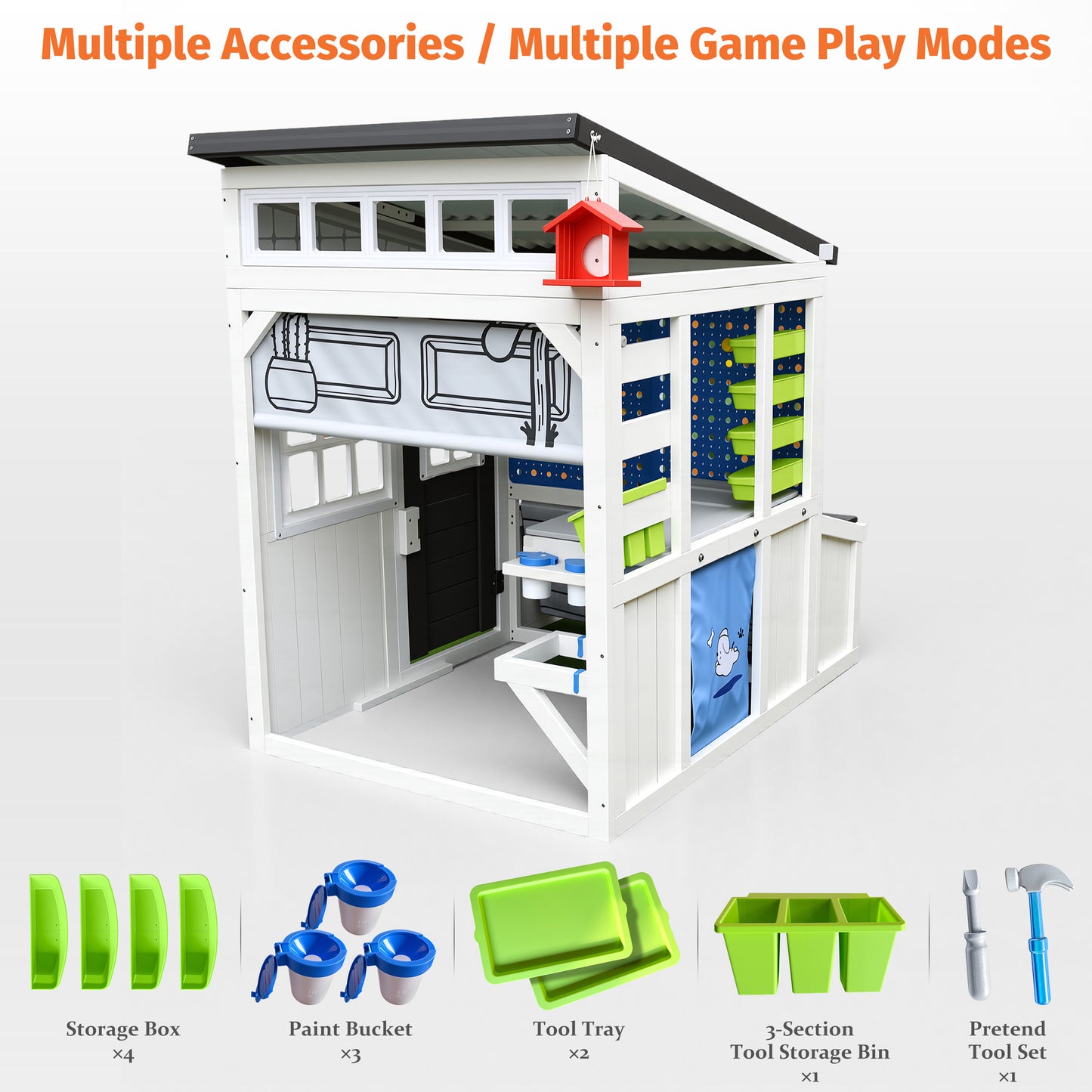 Outdoor Play House for Kids, SHINPT Kids Playhouse Outdoor with Simulation Tools, Wooden Play House for Toddlers 3+, Kids Playground for Backyard, Patio, Garden, Outdoor Playhouse for Birthday Gift