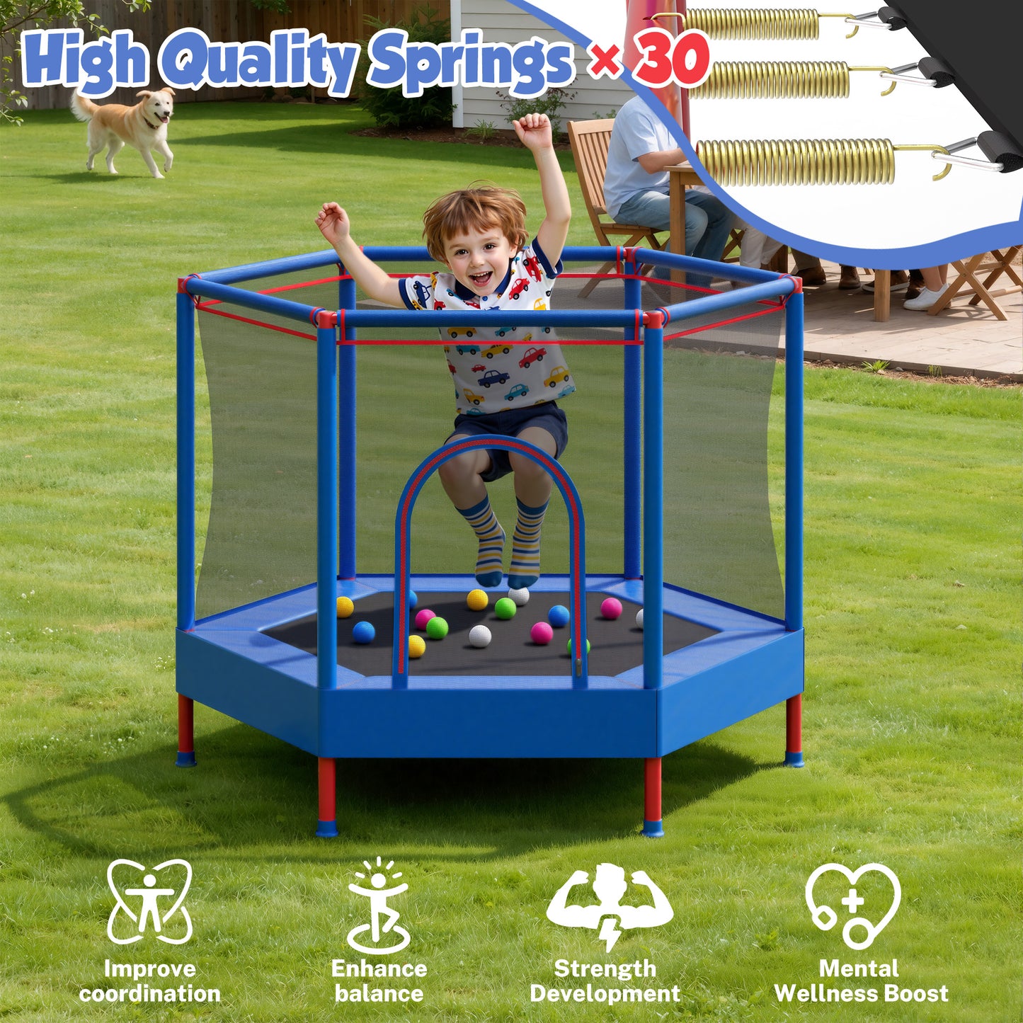 55" Toddler Trampoline with Enclosure Net & Ocean Balls, SHINPT Kids Trampoline for Toddlers Ages 3+, Indoor Trampoline with No Gap Design, Small Trampoline for Kids Room, Living Room, Ideal Gift