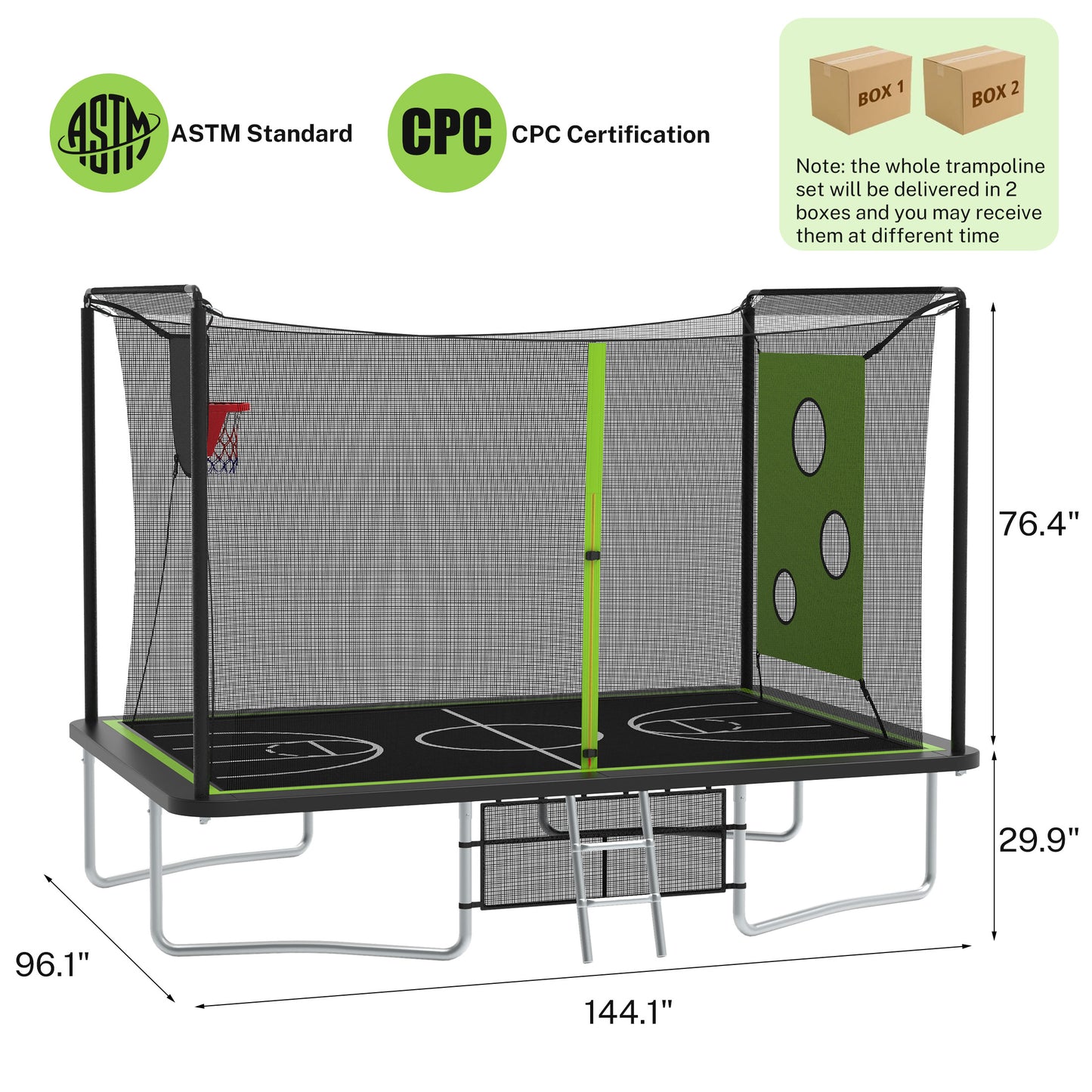 SHINPT 8 ×12 ft Rectangle Trampoline for Kids and Adult, Rectangular trampoline with 2 Basketball Hoops, Outdoor Big Trampoline with 360 Degree Safety Net, Square Trampoline with 4 W-Legs