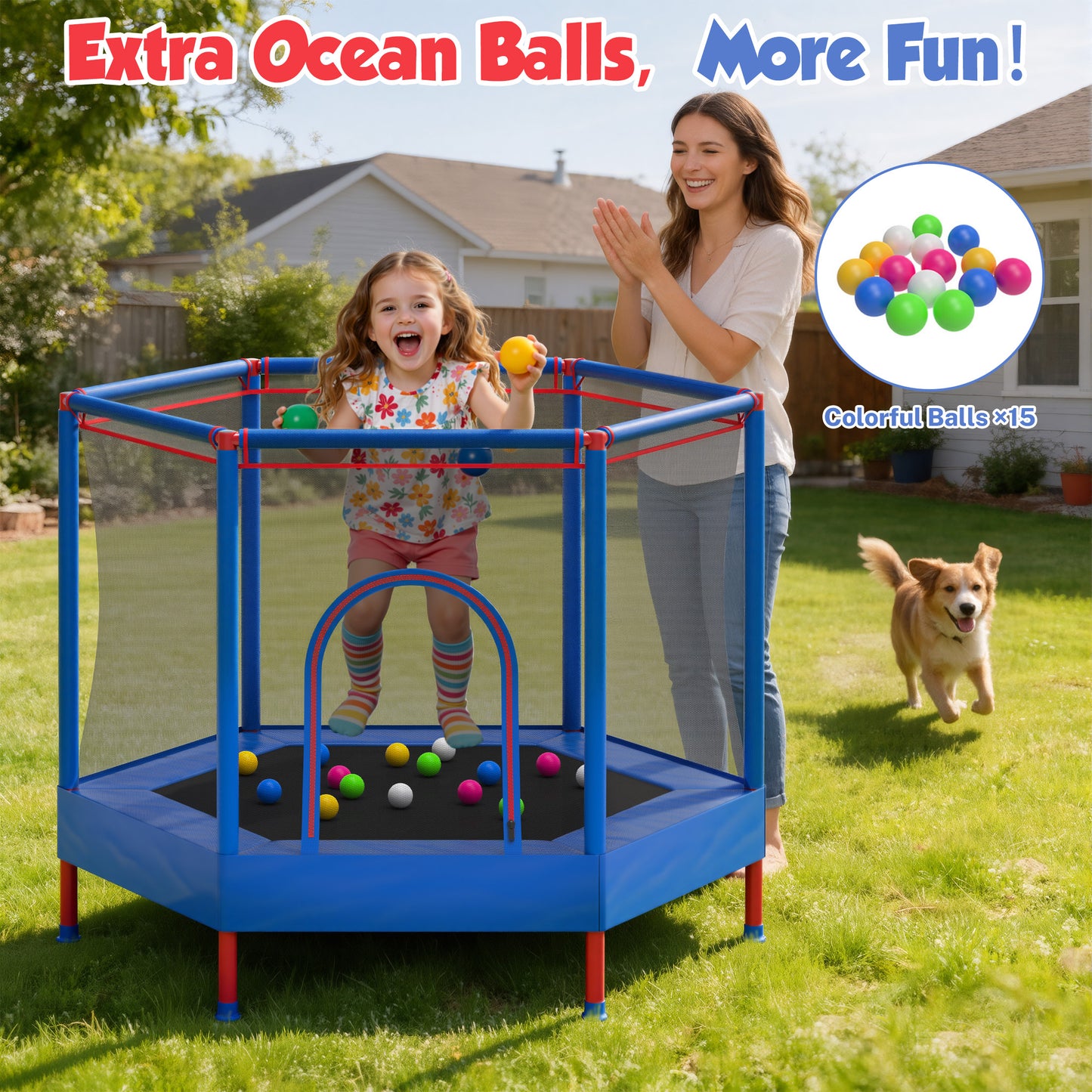 55" Toddler Trampoline with Enclosure Net & Ocean Balls, SHINPT Kids Trampoline for Toddlers Ages 3+, Indoor Trampoline with No Gap Design, Small Trampoline for Kids Room, Living Room, Ideal Gift