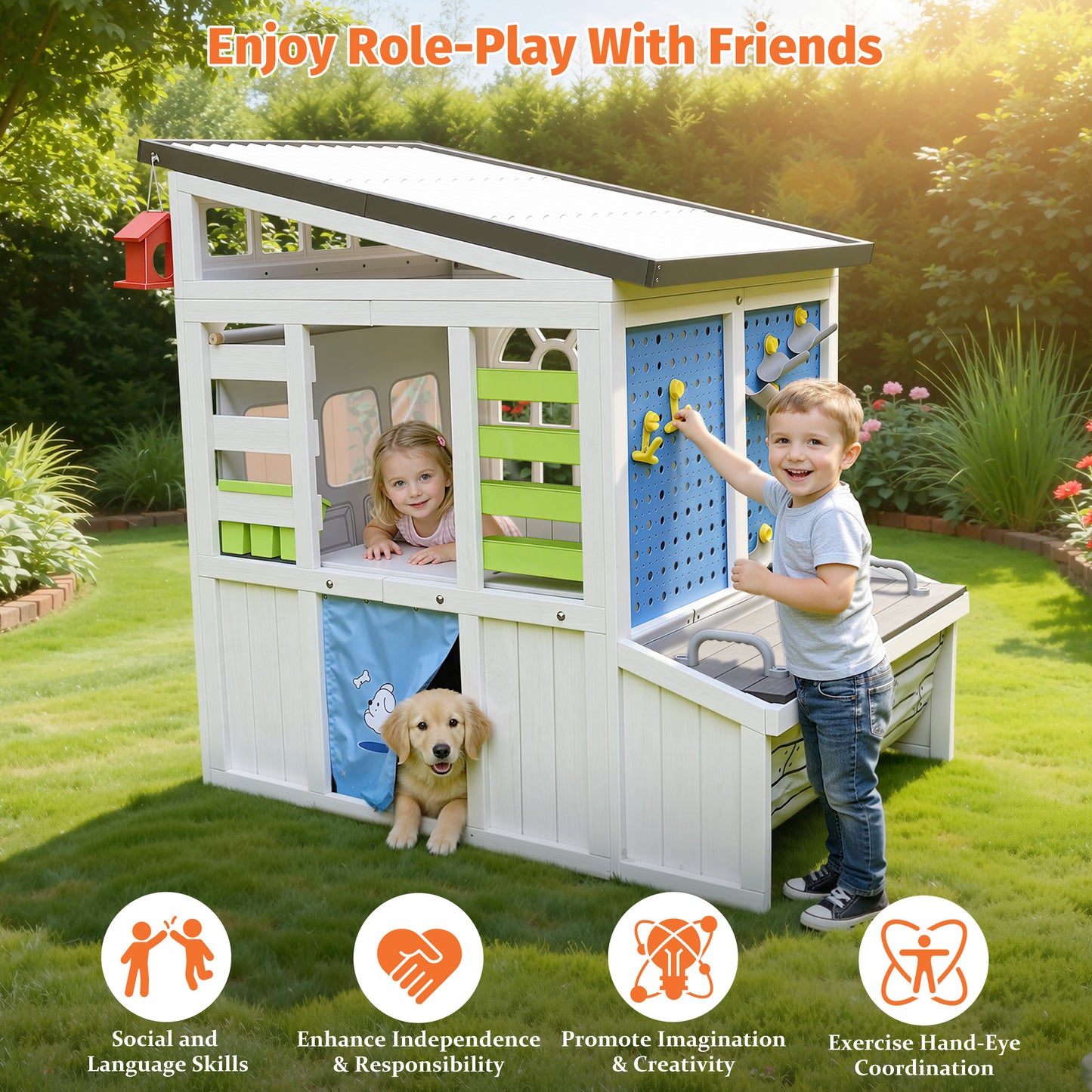 Outdoor Play House for Kids, SHINPT Kids Playhouse Outdoor with Simulation Tools, Wooden Play House for Toddlers 3+, Kids Playground for Backyard, Patio, Garden, Outdoor Playhouse for Birthday Gift