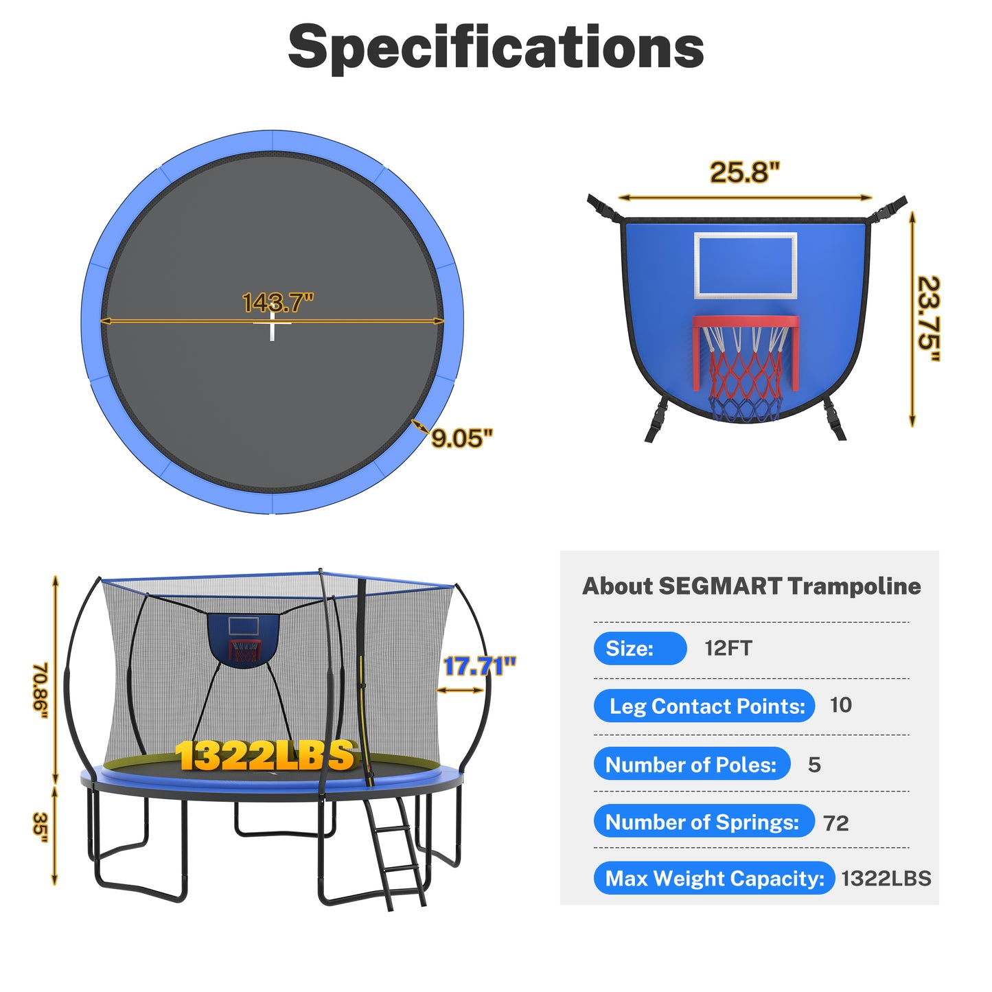 12FT Trampoline Outdoor with No-gap Design, SHINPT Trampoline for Kids Indoor, Outdoor Play Equipment with Basketball Hoop, Toddler Trampoline with Enclosure Net, Recreational Trampoline for Gift