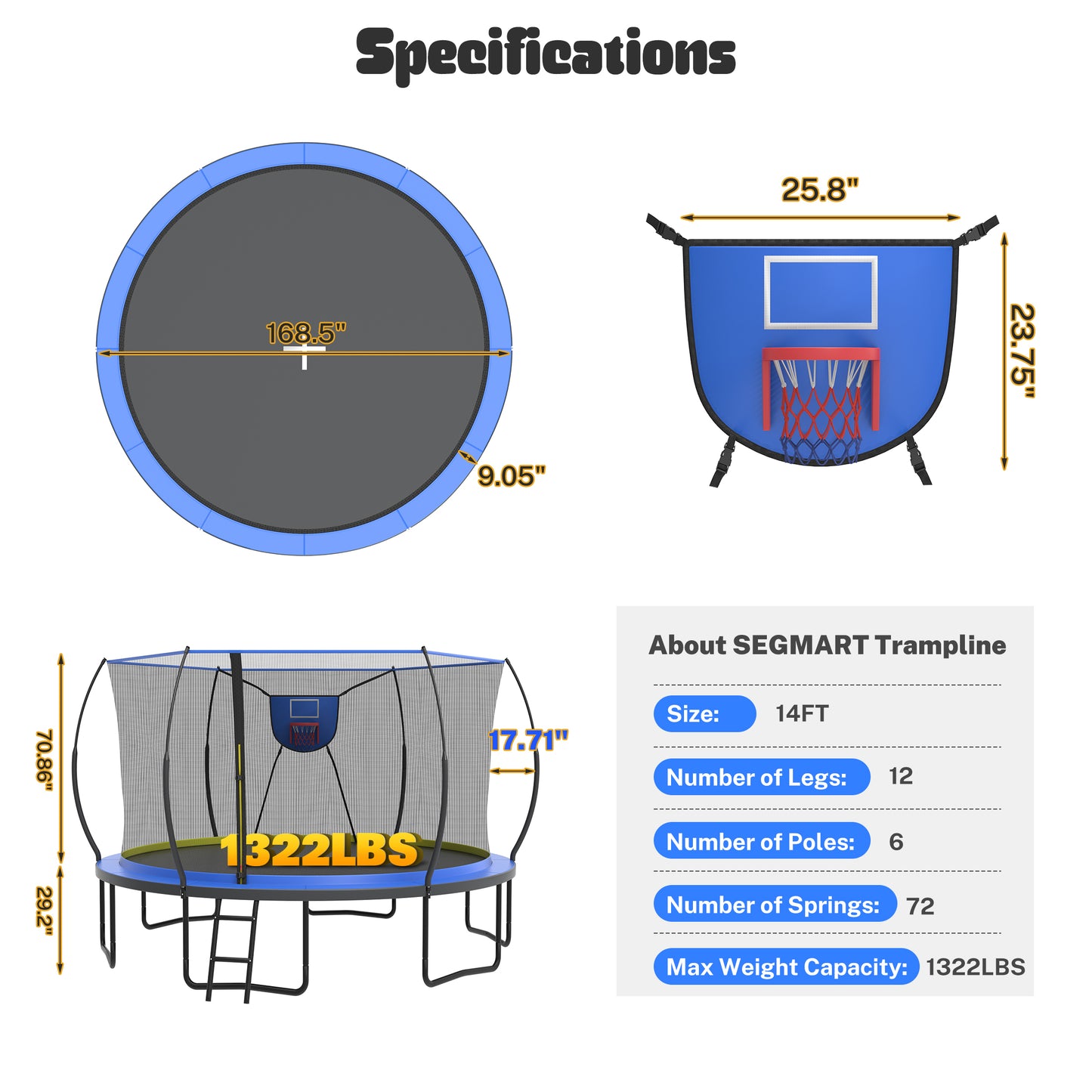 14FT Trampoline for Kids with Basketball Hoop, SHINPT Toddler Trampoline for Backyard, Patio, Indoor Trampoline with Enclosure Net, Adult Trampoline with No-gap Design, Outside Toy for Kids for Gift