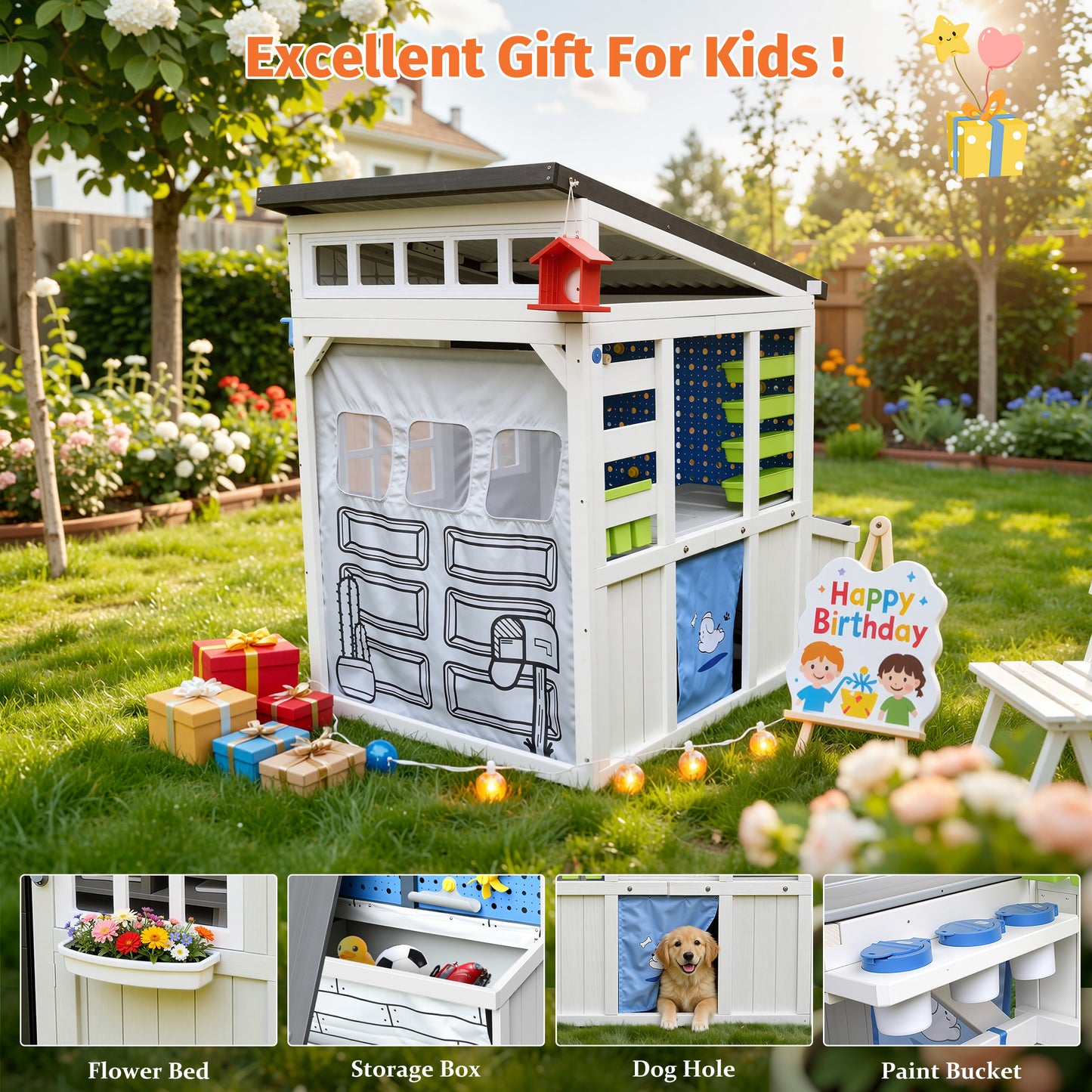 Outdoor Play House for Kids, SHINPT Kids Playhouse Outdoor with Simulation Tools, Wooden Play House for Toddlers 3+, Kids Playground for Backyard, Patio, Garden, Outdoor Playhouse for Birthday Gift