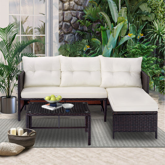 Outdoor Patio Wicker Rattan Sofa Set with Brown Glass Table + Beige Cushion, Shinpt Outdoor Sectional Conversation Sofa Set with Load Capacity of 596lbs for Backyard and Garden