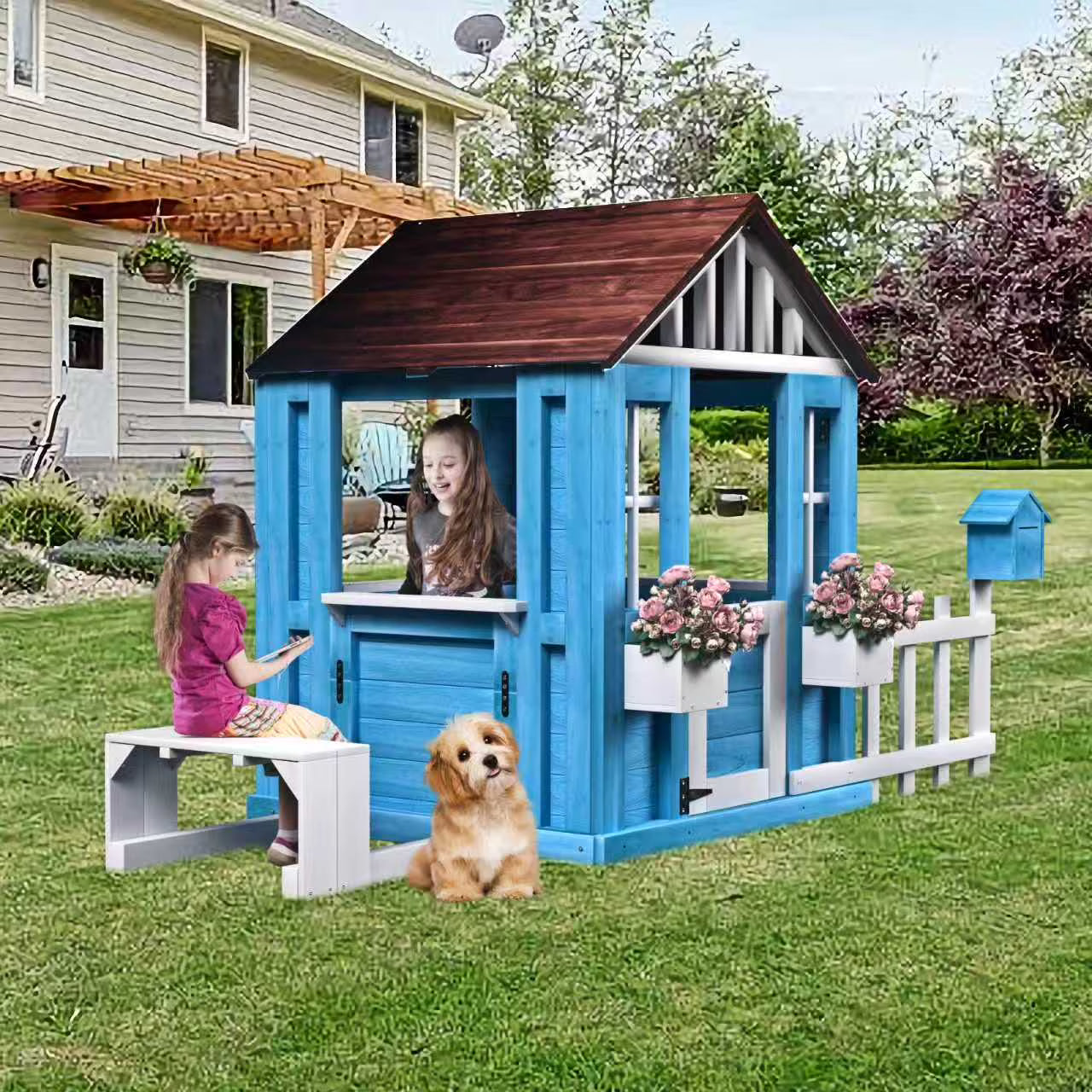 Outdoor Playhouse, Kids Playhouse with Picnic Bench, Kids Wooden Playhouse with Flowerpot Holders, Toddler Playhouse with Door, Windows, Mailbox for Kids Outdoor, Play House for Kids Ages 3+