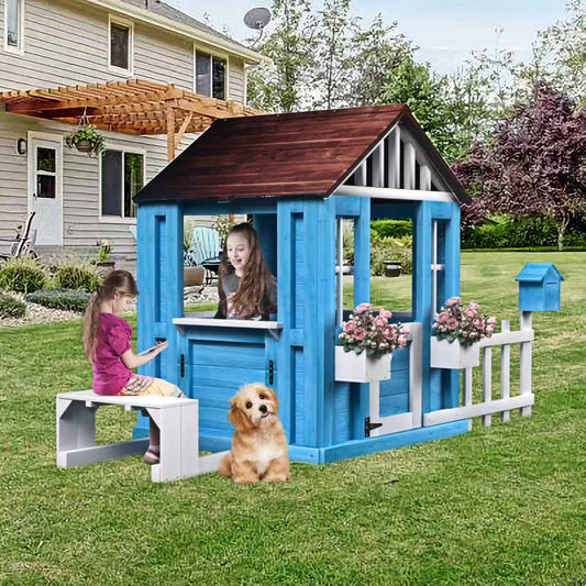 Outdoor Playhouse, Kids Playhouse with Picnic Bench, Kids Wooden Playhouse with Flowerpot Holders, Toddler Playhouse with Door, Windows, Mailbox for Kids Outdoor, Play House for Kids Ages 3+