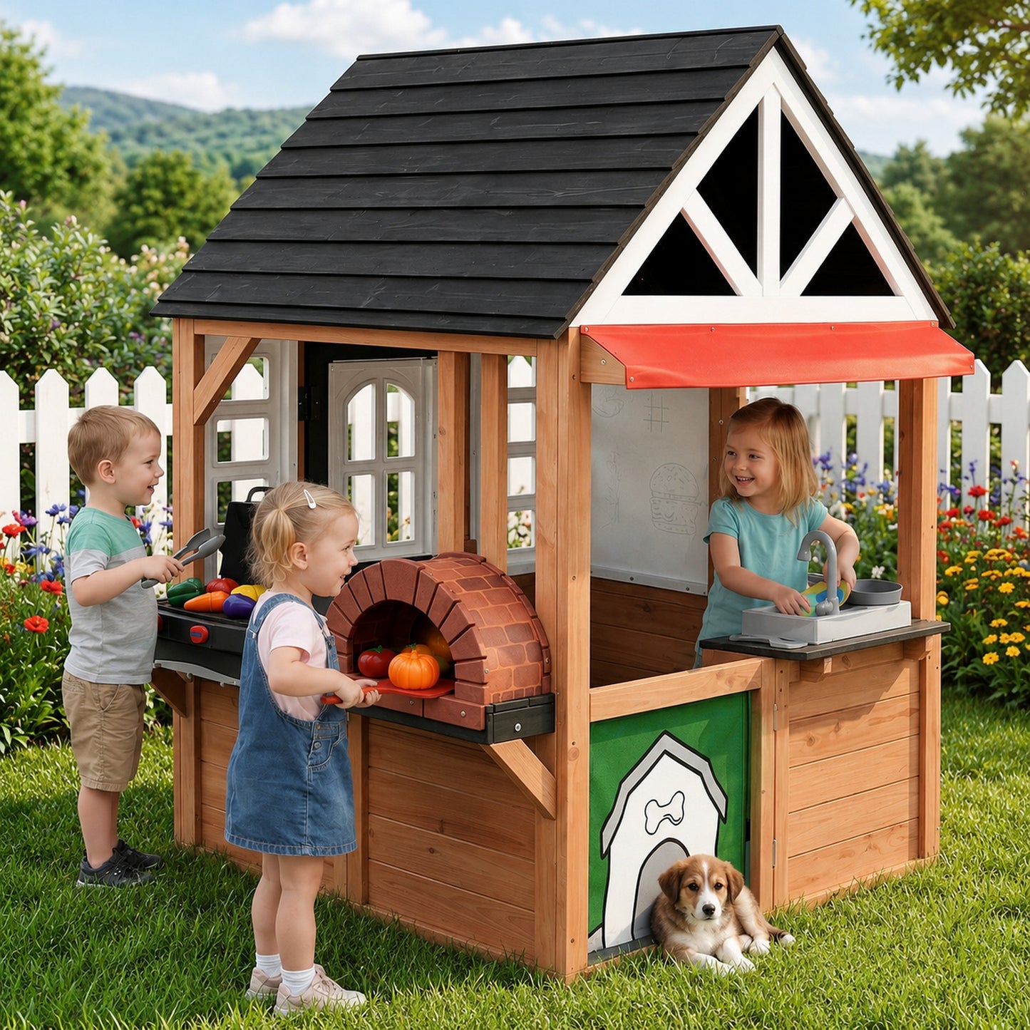 Outdoor Playhouse, Kids Playhouse with Play Kitchen, Kids Wooden Playhouse with Grill Oven, Bread Oven, Toddler Playhouse with Door, Windows, Doorbell for Kids Outdoor, Play House for Kids Ages 3+