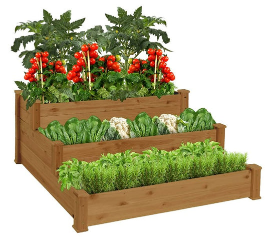 Shinpt 3-Tier Fir Wood Planting Raised Garden Bed, Horticulture Flower Box with Stackable & Flat Arrangement, Wooden Growing Planter for Backyard and Garden, Easy Assembly - Brown(48x48.6×21in)