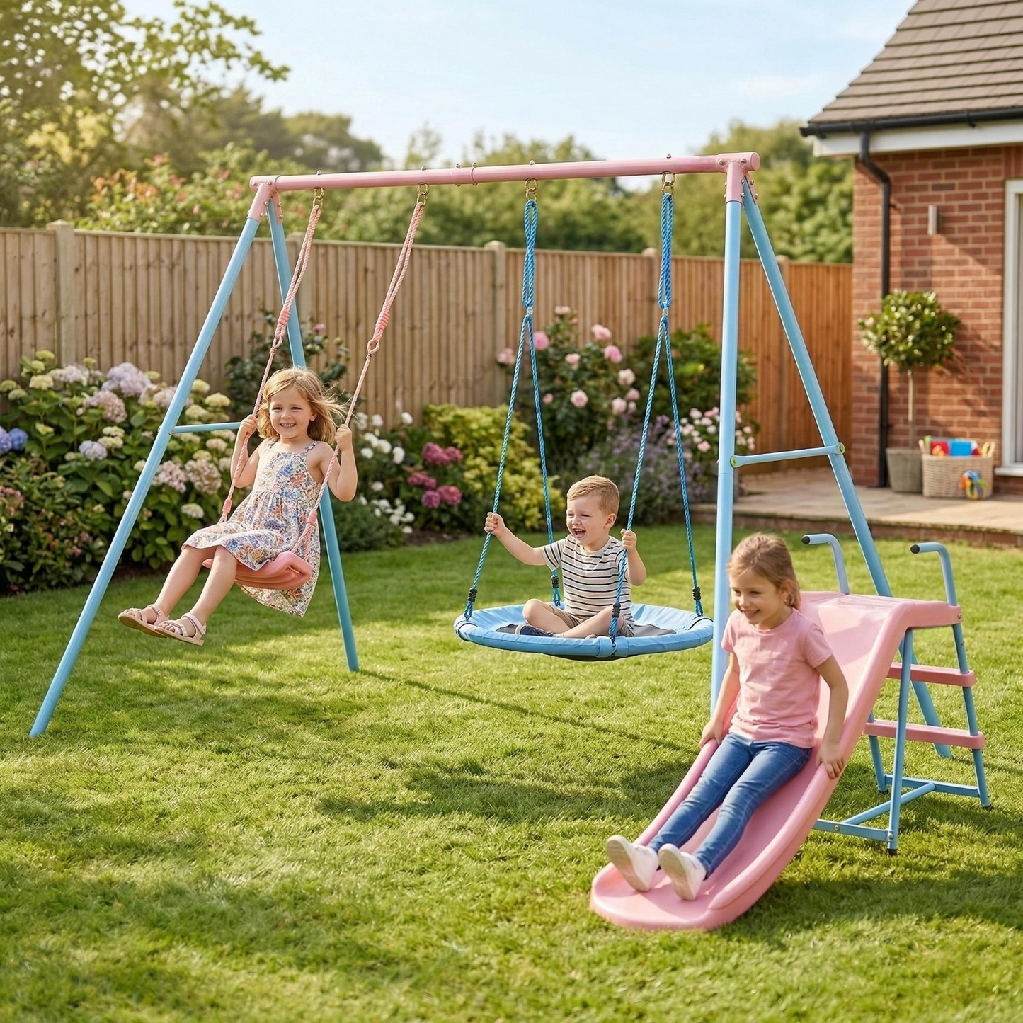 3 in 1 Metal Swing Set Outdoor , SHINPT Toddler Swing Set for Backyard, Tall Swing Set with Climbing Rope, Saucer Swing Seat, Belt Swings Seat, Heavy Duty Swing Set for kids, Kids Playset Outdoor