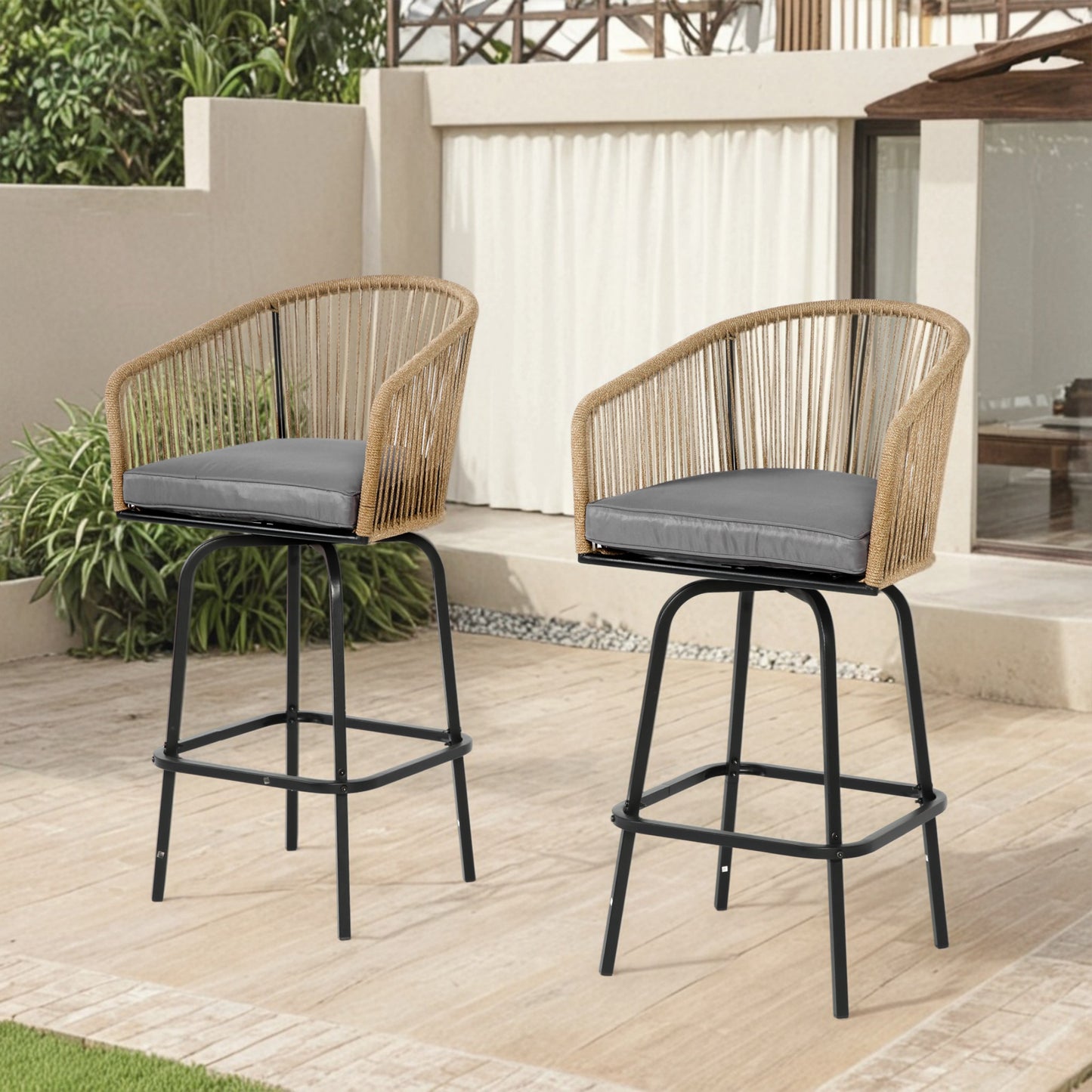 2 Pieces Outdoor Bar Stools, SHINPT Outdoor Patio Chairs Set of 2, Outdoor Counter Height Bar Stools with Armrests, Rattan Bistro Chairs with Backrest, Patio Chairs for Backyard, Garden, Pool
