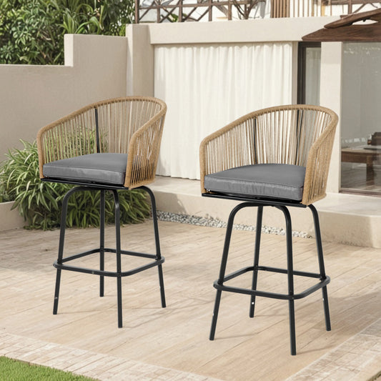 2 Pieces Outdoor Bar Stools, SHINPT Outdoor Patio Chairs Set of 2, Outdoor Counter Height Bar Stools with Armrests, Rattan Bistro Chairs with Backrest, Patio Chairs for Backyard, Garden, Pool