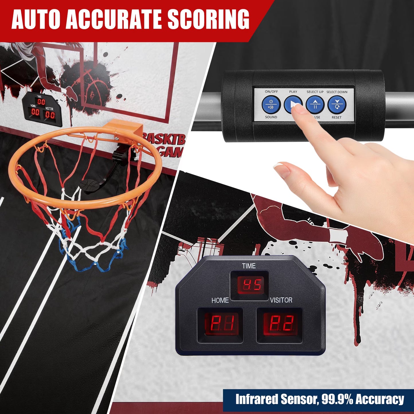 SHINPT Electronic Basketball Arcade Game, 2 Player Indoor Basketball Arcade Game for Kids Adults, Foldable Arcade Basketball with 8 Game Modes,  Electronic Scorer, Basketball Hoop, 6 Balls, Air Pump