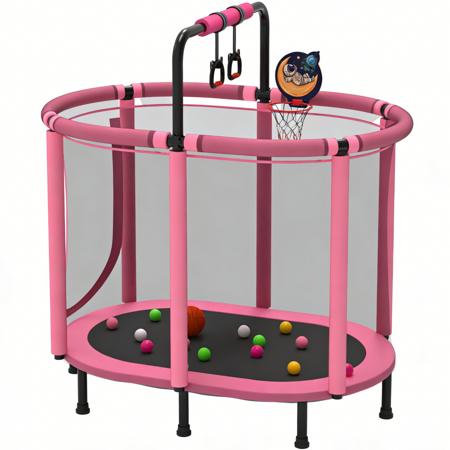 60" Trampoline for Kids with Basketball Hoop, SHINPT Recreational Trampolines with Safety Enclosure Net, Mini Outdoor Trampoline with Adjustable Gymnastics Bar, Easy Assembly, Outdoor, Indoor