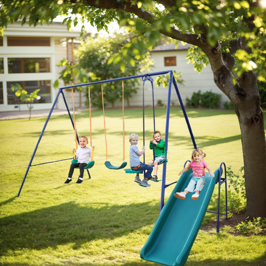 Swing Set for Backyard, SHINPT 3 in 1 Heavy-Duty A-Frame Metal Outdoor Swing Stand with 2 Belt Swings and Glider, Outdoor Kids Play Equipment with Slide for Age 2-8, Toddler Swing Set for Playground