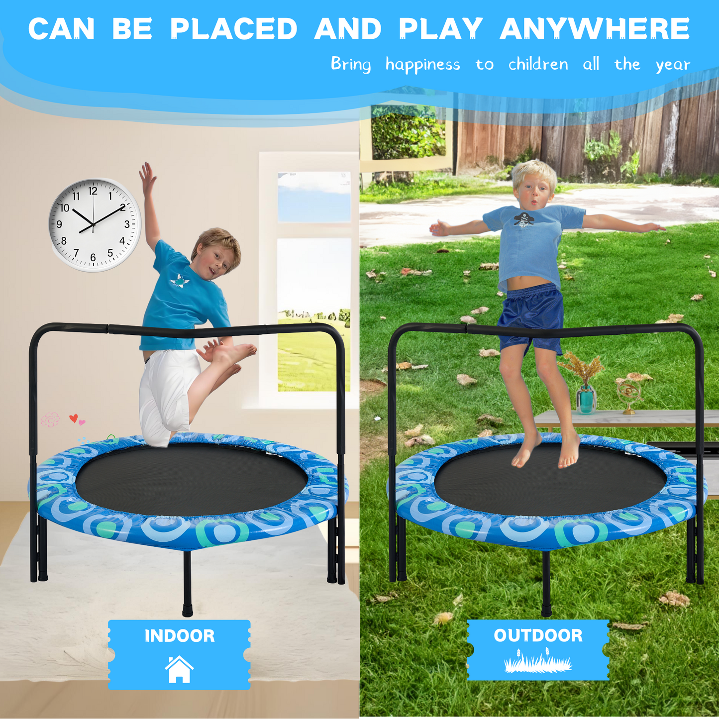 48" Mini Trampoline for Kids Ages 3-7, Foldable Kids Trampoline with Foam Handle for Indoor & Outdoor, SHINPT Trampoline for Boys&Girls, Blue Rebounder Exercise Trampoline for Backyard, Patio