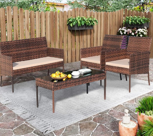 Shinpt Patio Furniture Set 4 Pieces, Rattan Balcony Sets for Graden and Lawn, Outdoor Conversation Sets with Rattan Chair, Wicker Sofa and Glass Coffee Table, Brown