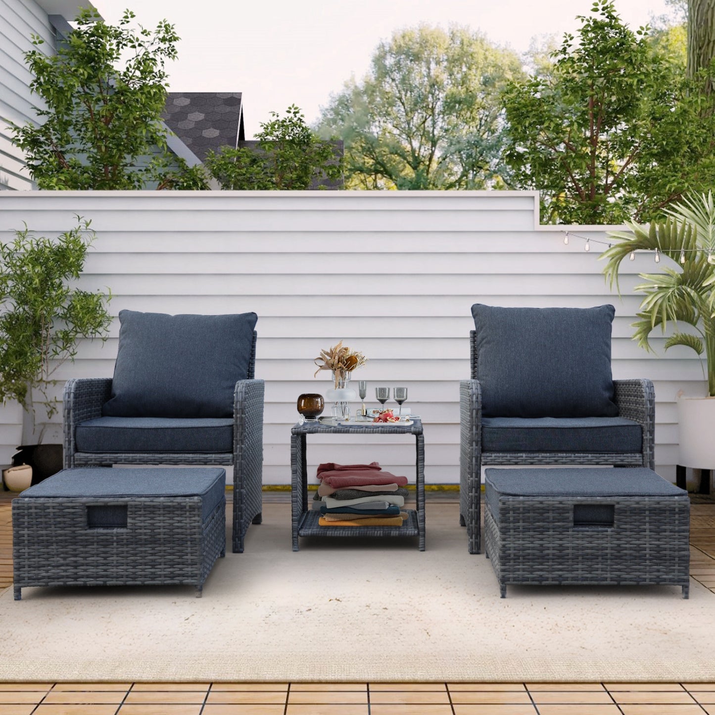 5 Piece Patio Conversation Set, SHINPT Outdoor Patio Sectional Sofa Couch with 2 Ottomans and Coffee Table, Wicker Patio Furniture Set for Poolside, Lawn, Garden, Balcony, Rattan Balcony Furniture