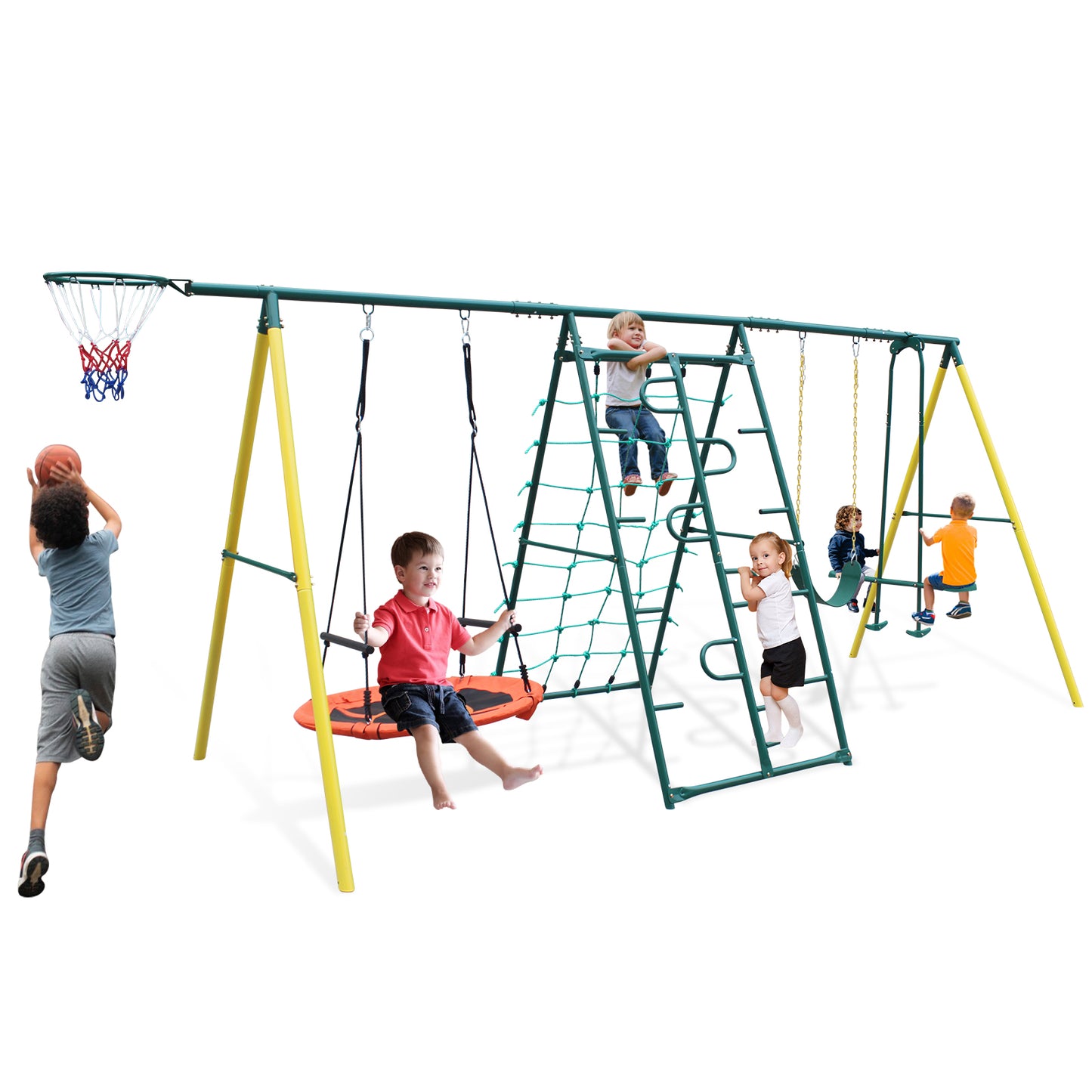 6in1 Swing Set for Outside, Shinpt Heavy Duty a-Frame Metal Swing Set with Glider, Basketball Hoop, Climbing Frame, Climbing Net, Hammock Swing & Belt Swing, Backyard Playground Set for Kids Age 3-12