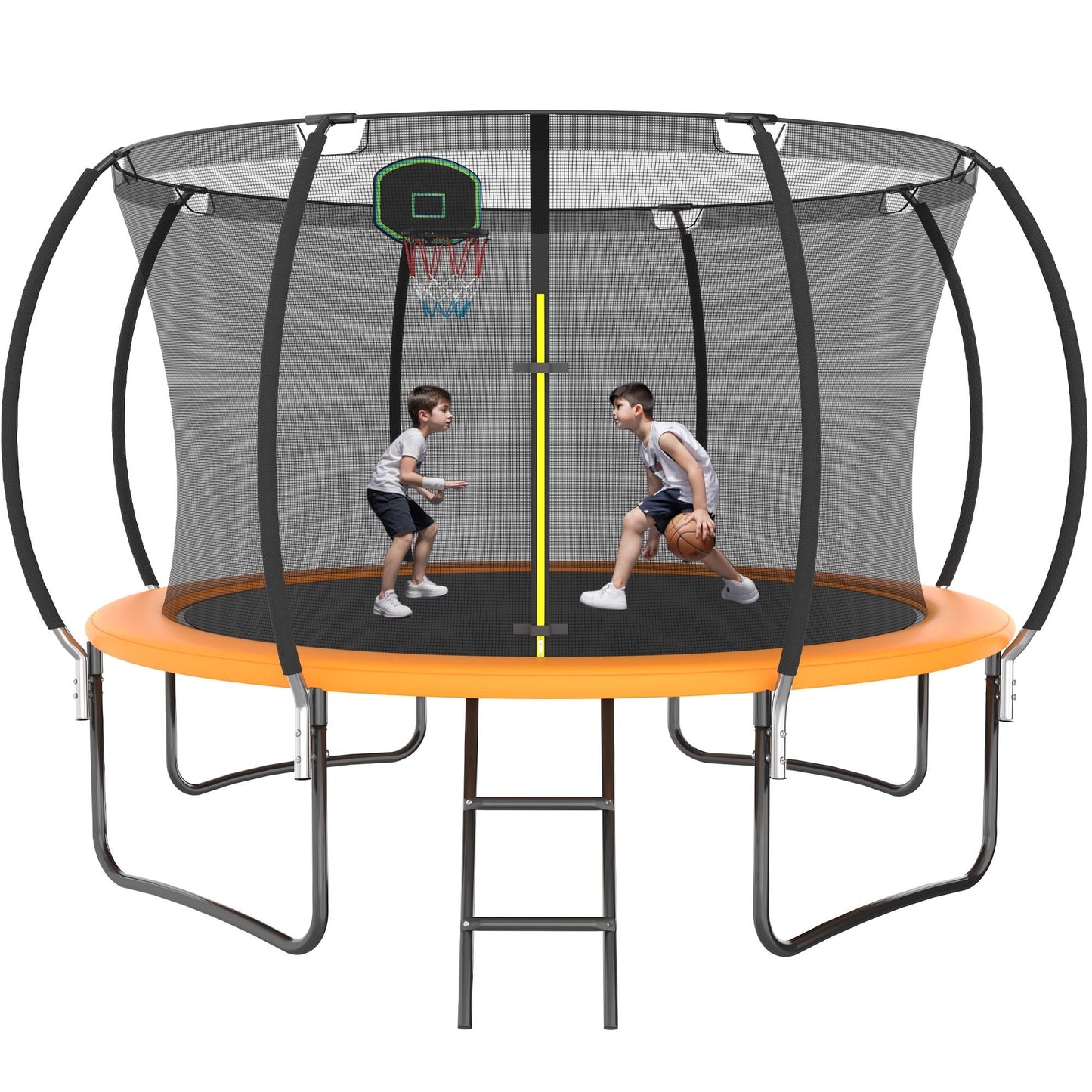 12FT Outdoor Trampoline with Basketball Hoop, SEGMART Upgraded Round Recreational Trampoline with Enclosure Net, Heavy Duty Backyard Trampoline with Ladder Spring Pad for Kids and Adults