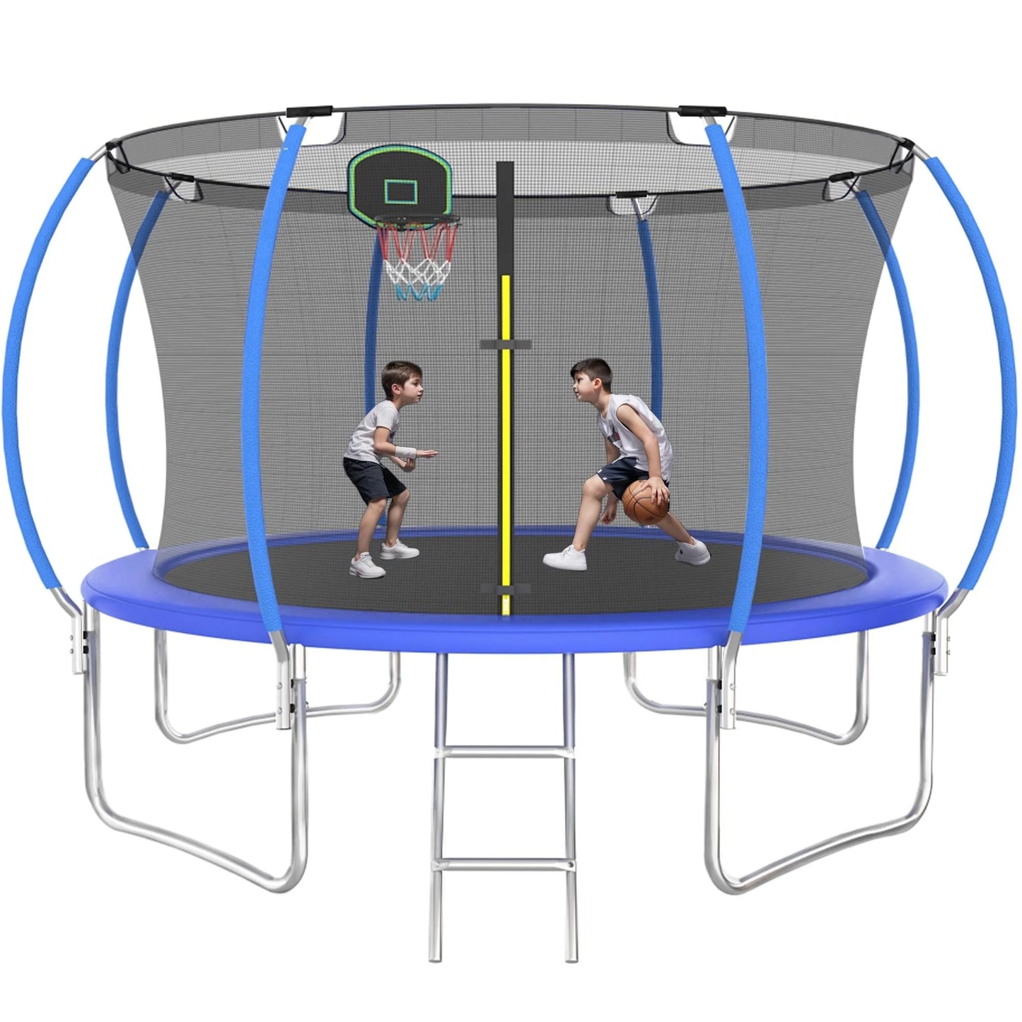 12FT Outdoor Trampoline with Basketball Hoop, SEGMART Upgraded Round Recreational Trampoline with Enclosure Net, Heavy Duty Backyard Trampoline with Ladder Spring Pad for Kids and Adults